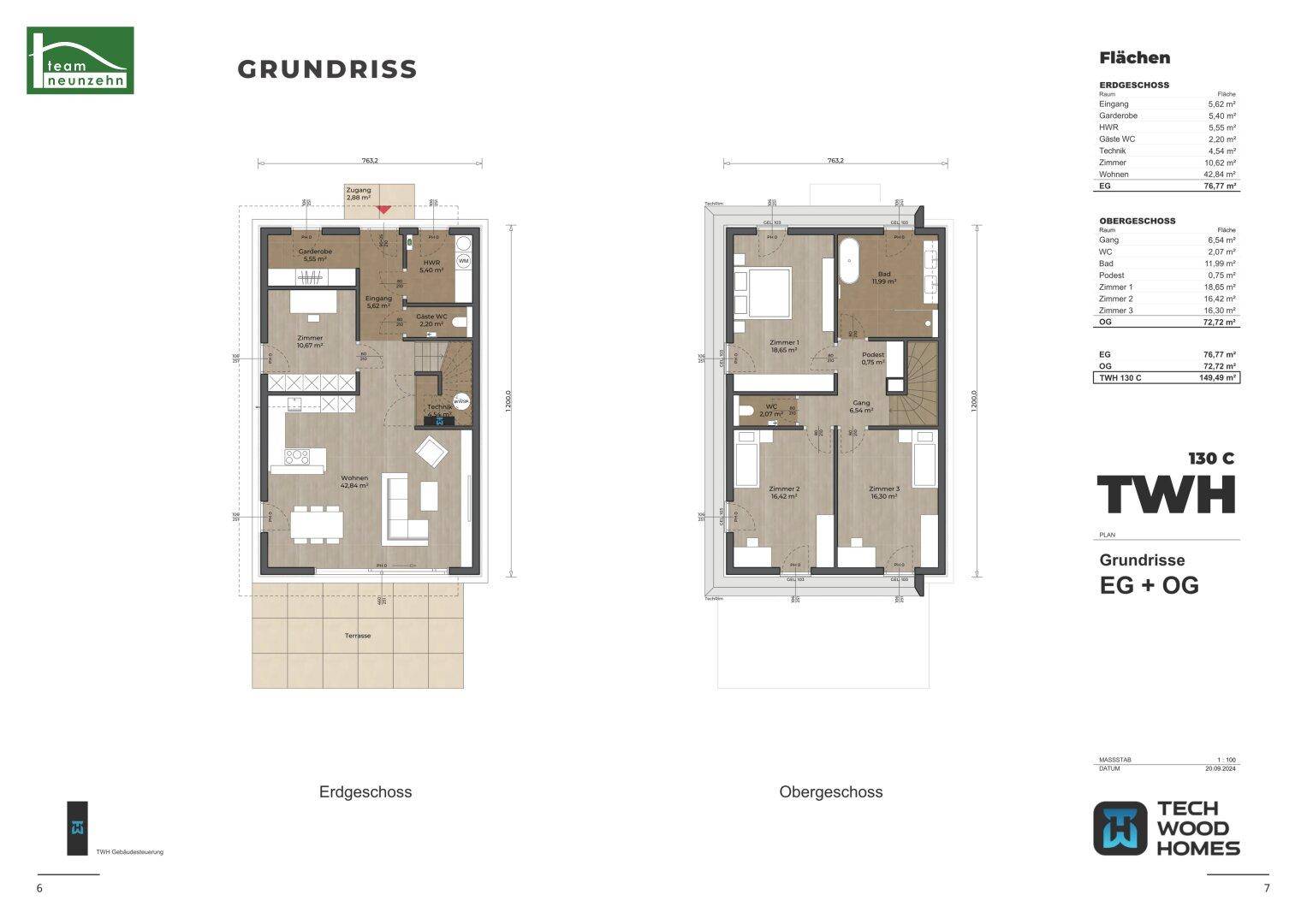Grundriss des Erd- und Obergeschosses mit offener Wohnküche und mehreren Schlafzimmern.