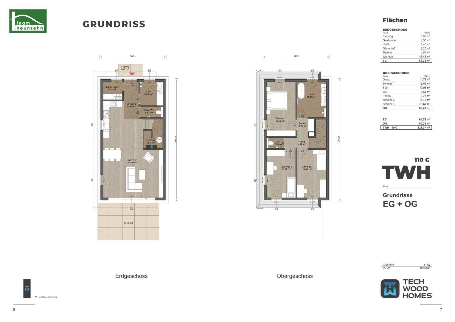 Detaillierter Grundriss des Erd- und Obergeschosses mit Raumaufteilung und Flächenangaben.