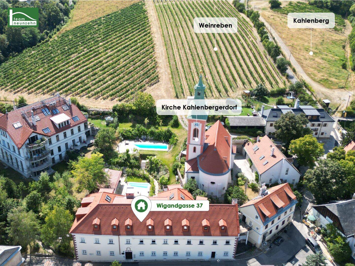 Luftaufnahme des Anwesens mit umliegenden Weinbergen, der Kirche Kahlenbergerdorf und einem Pool.