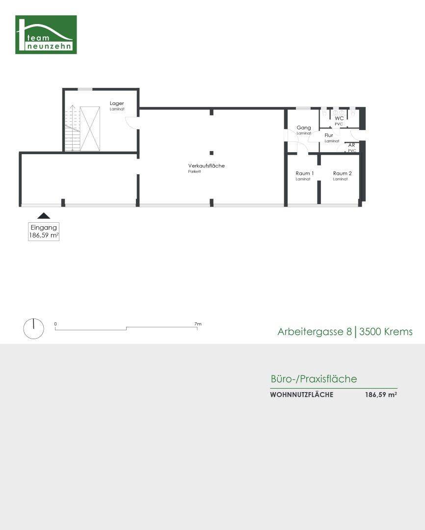 Grundriss einer Büro-/Praxisfläche von 186,59 m² mit Lager, Verkaufsfläche und zwei Räumen, inklusive Sanitärbereich.