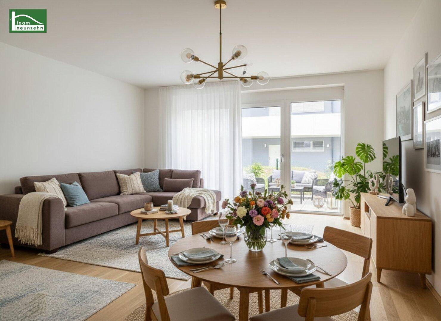 Gemütlicher Wohn-Essbereich mit modernem Sofa, Esstisch und direktem Zugang zur Terrasse.