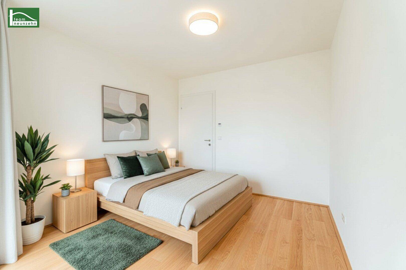Modern eingerichtetes Schlafzimmer mit Holzbett, Parkettboden und dezenter Dekoration.