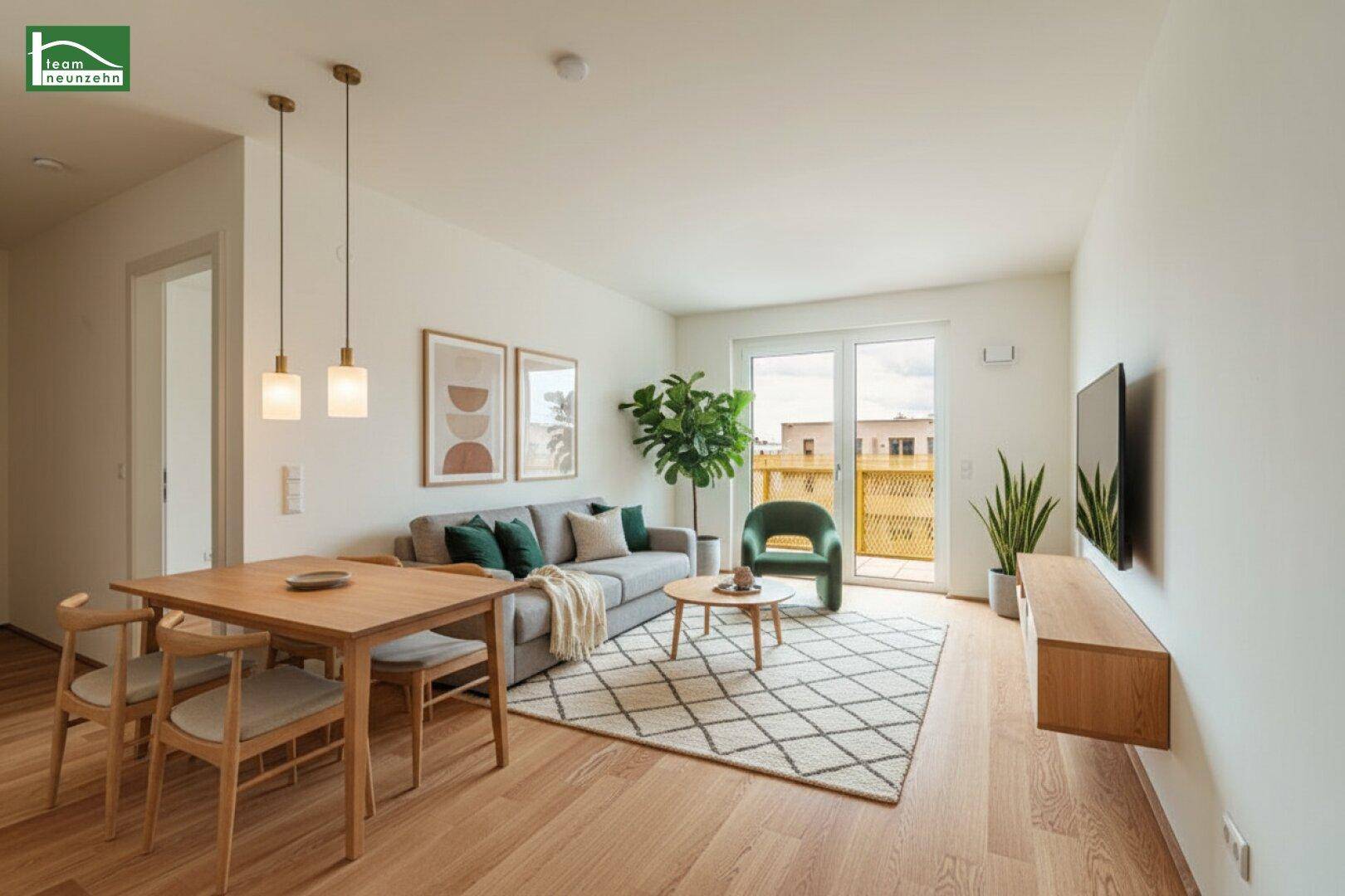 Modern eingerichteter Wohn-Essbereich mit Holzboden, Sofa und Esstisch.