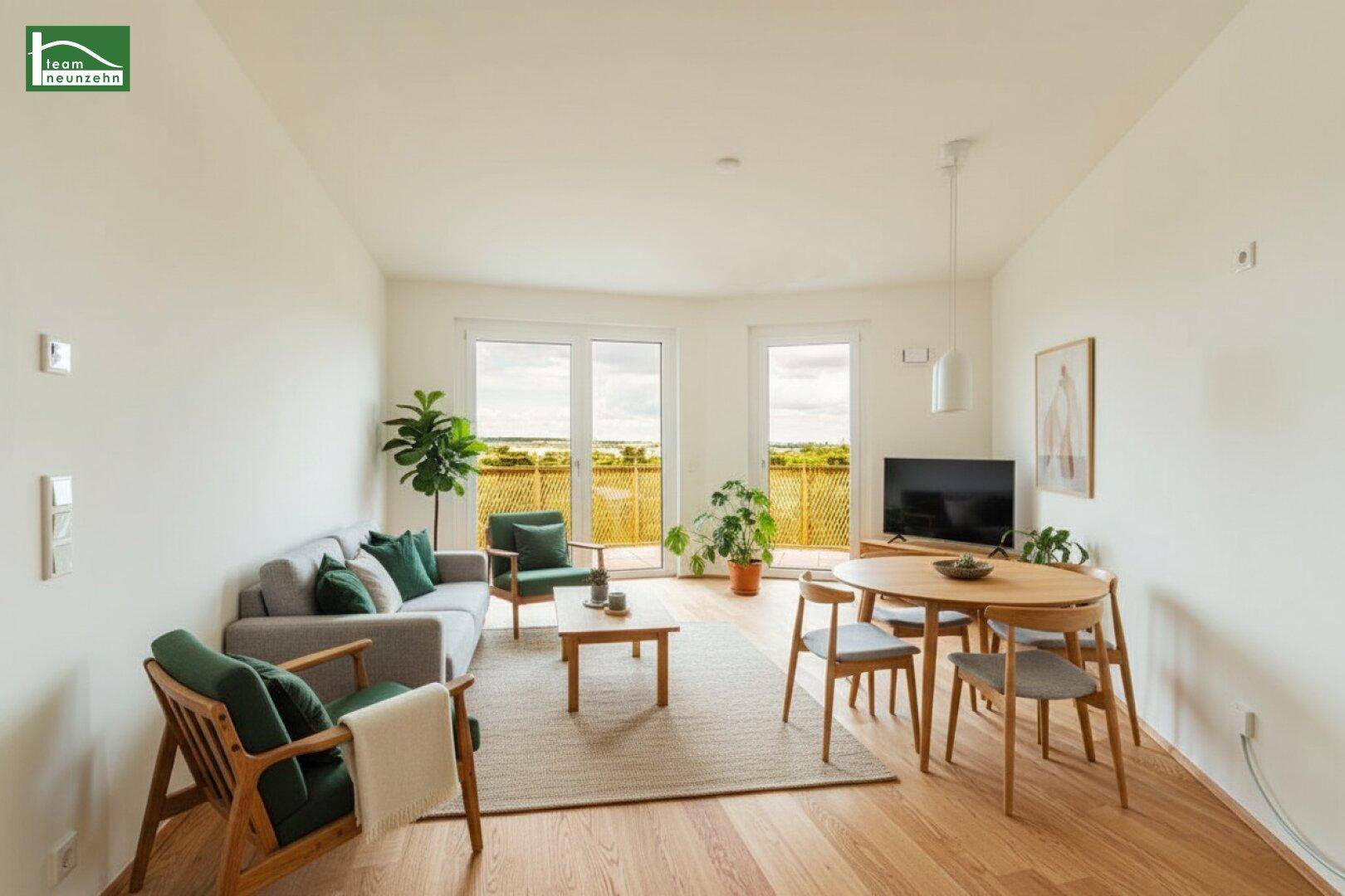 Helles Wohn- und Esszimmer mit Holzboden, modernen Möbeln und Zugang zu einem Balkon mit Weitblick.