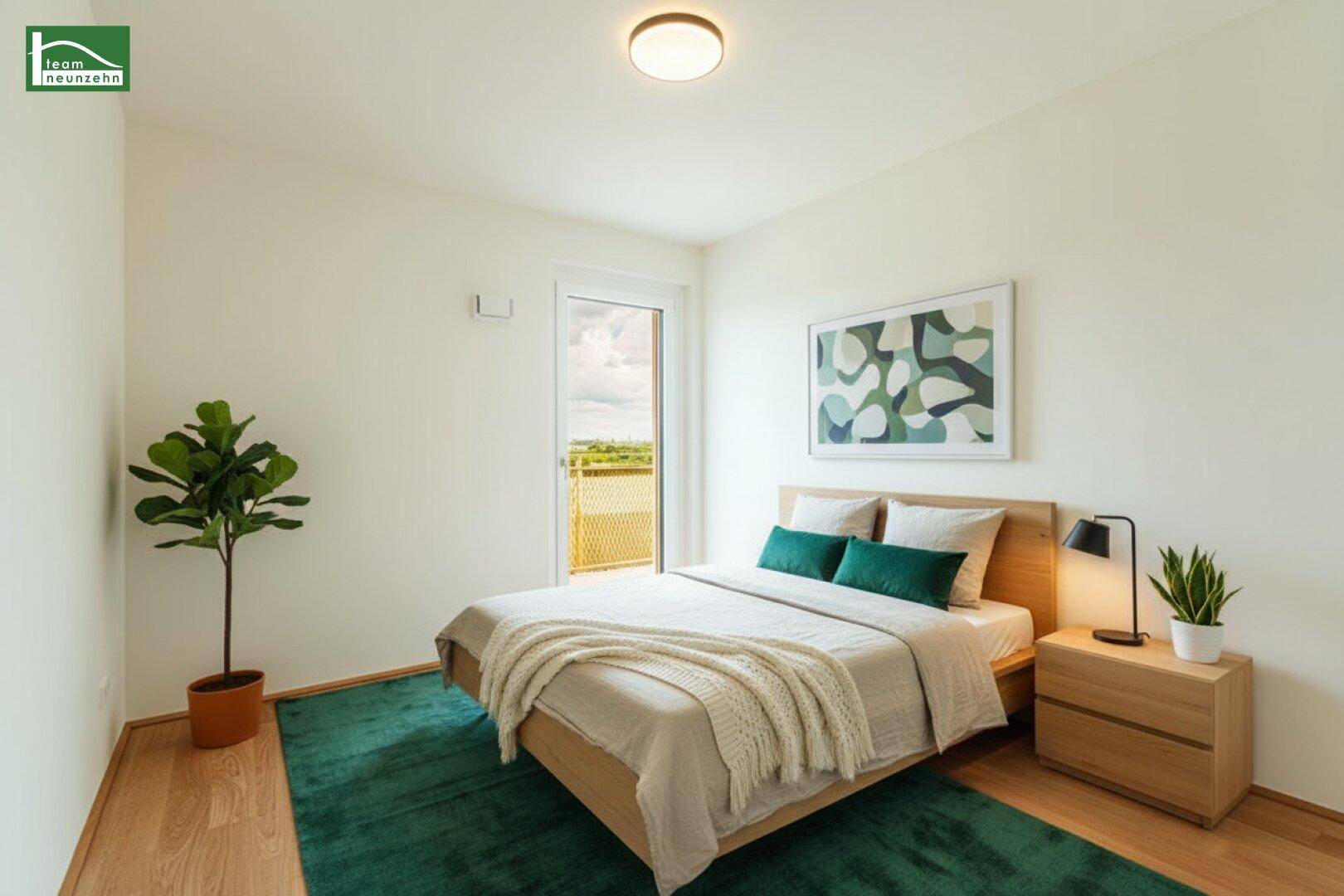 Gemütliches Schlafzimmer mit Holzboden, modernem Bett und Zugang zum Balkon, hell und einladend.