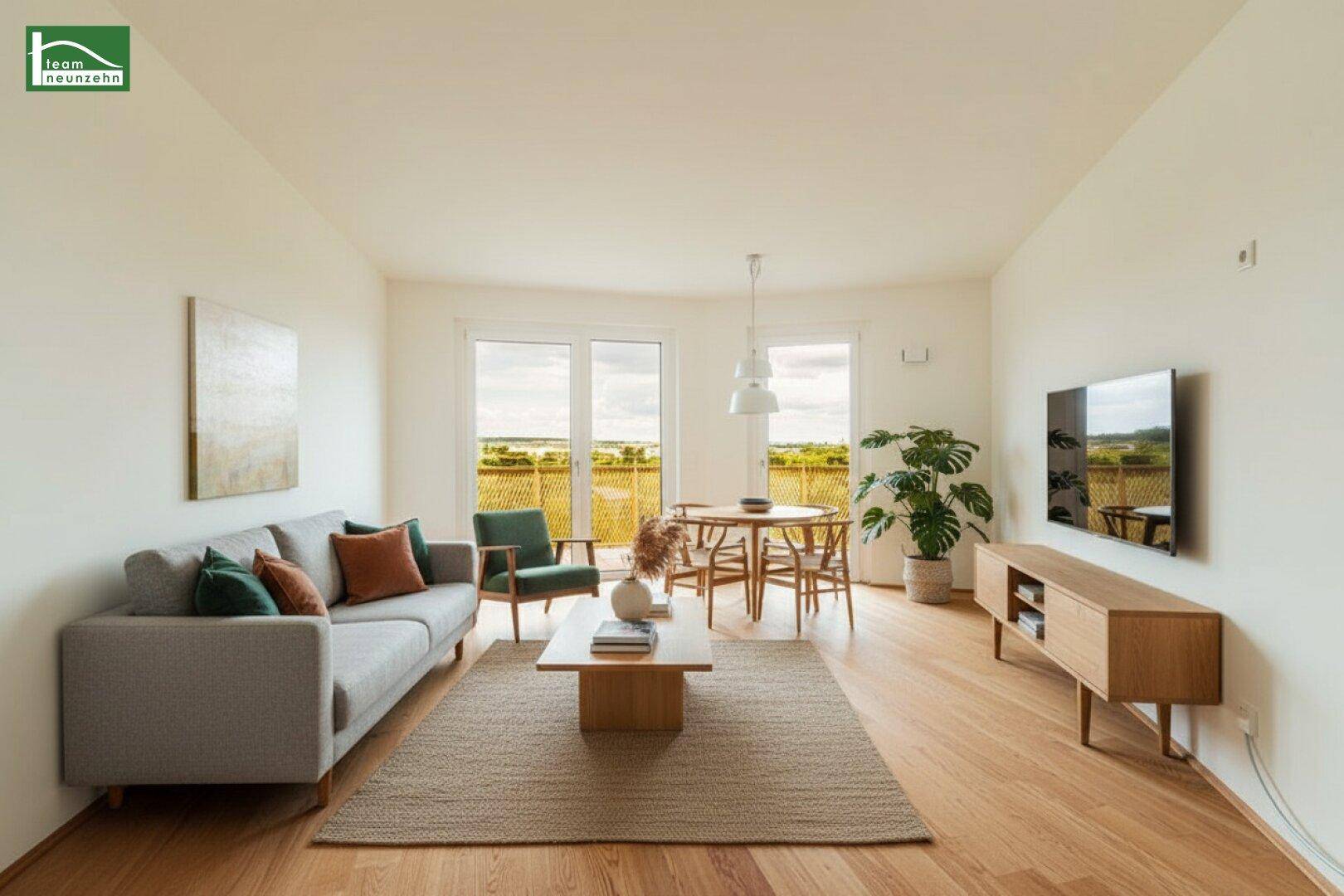 Gemütlicher Wohn-Essbereich mit Holzboden, modernen Möbeln und viel Tageslicht.