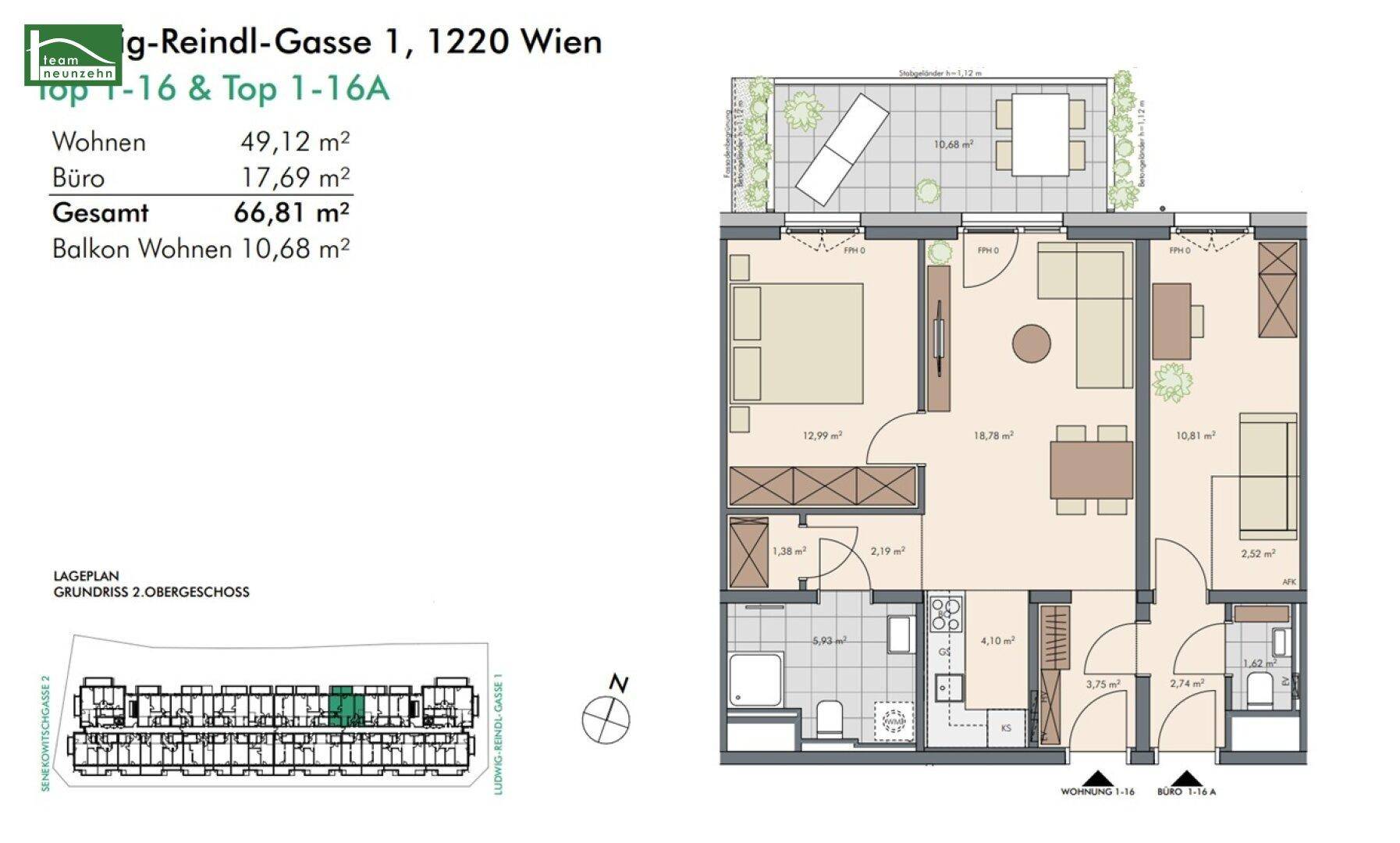 Detaillierter Grundriss einer Wohnung im Obergeschoss mit Balkon und Terrasse.