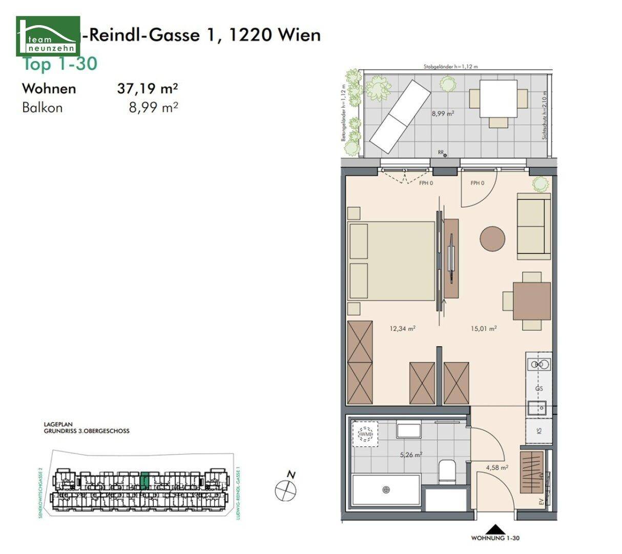Grundriss einer Wohnung mit 37,19 m² Wohnfläche und 8,99 m² Balkon.