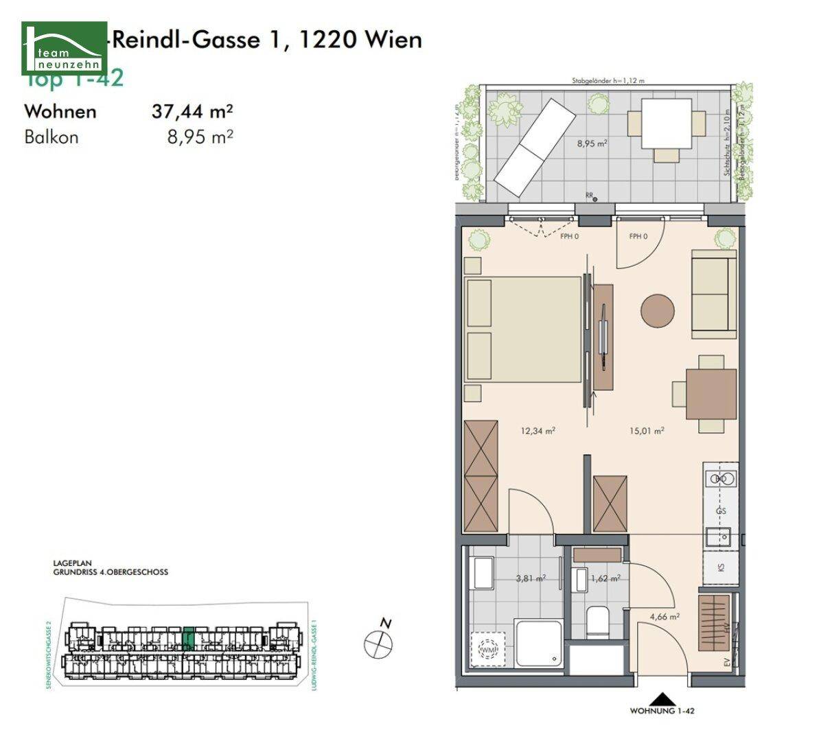 Detaillierter Grundriss einer Wohnung mit Wohnbereich, Balkon und Schlafzimmer.