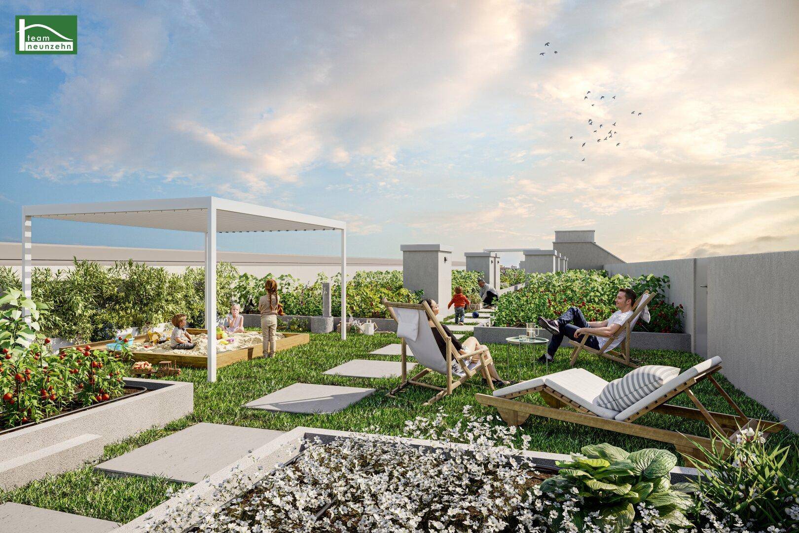 Grüne Dachgartenlandschaft mit Liegestühlen, Spielbereich und urbanem Ausblick.