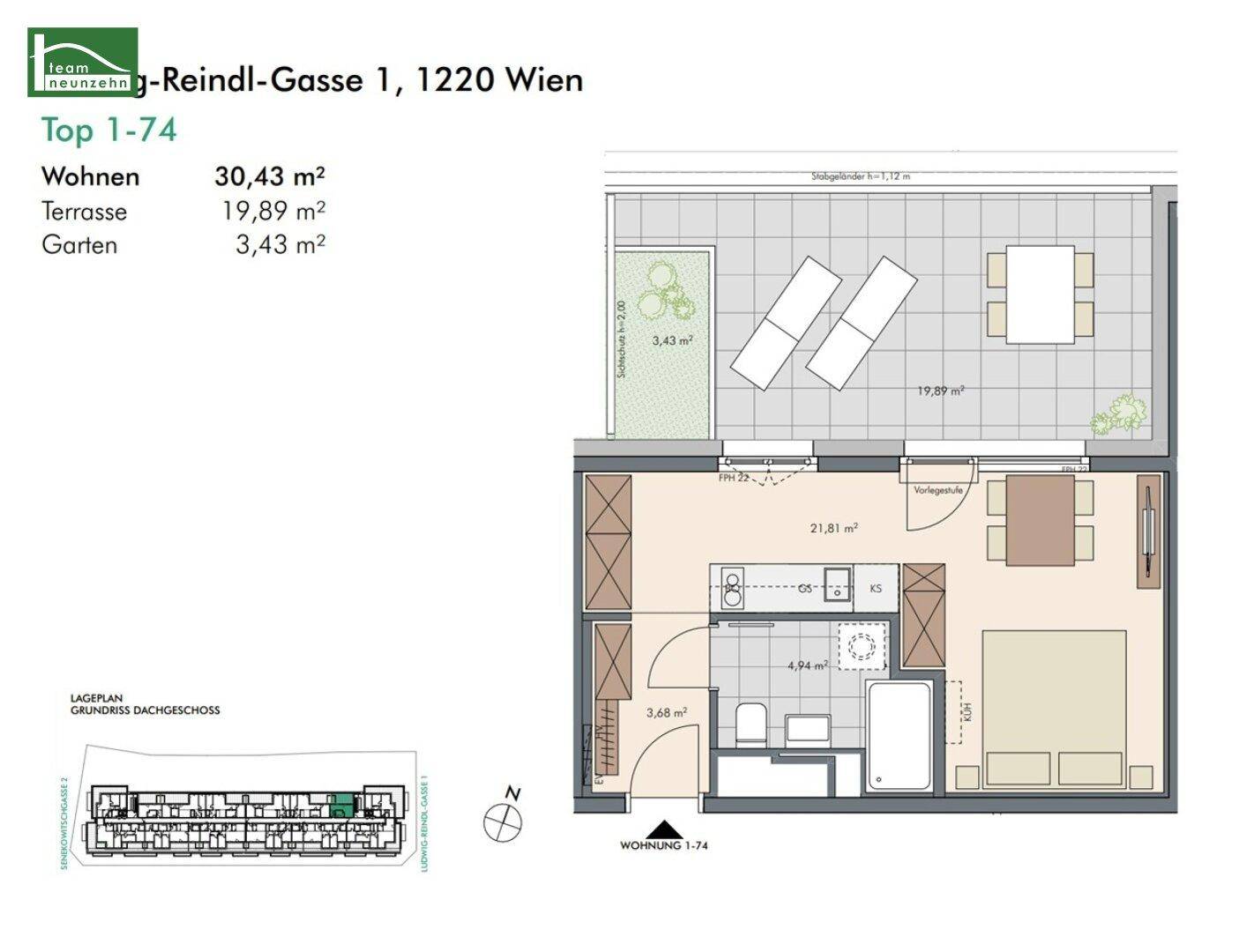 Grundriss einer Dachgeschosswohnung mit Wohnbereich, Bad, Schlafzimmer und großer Terrasse.