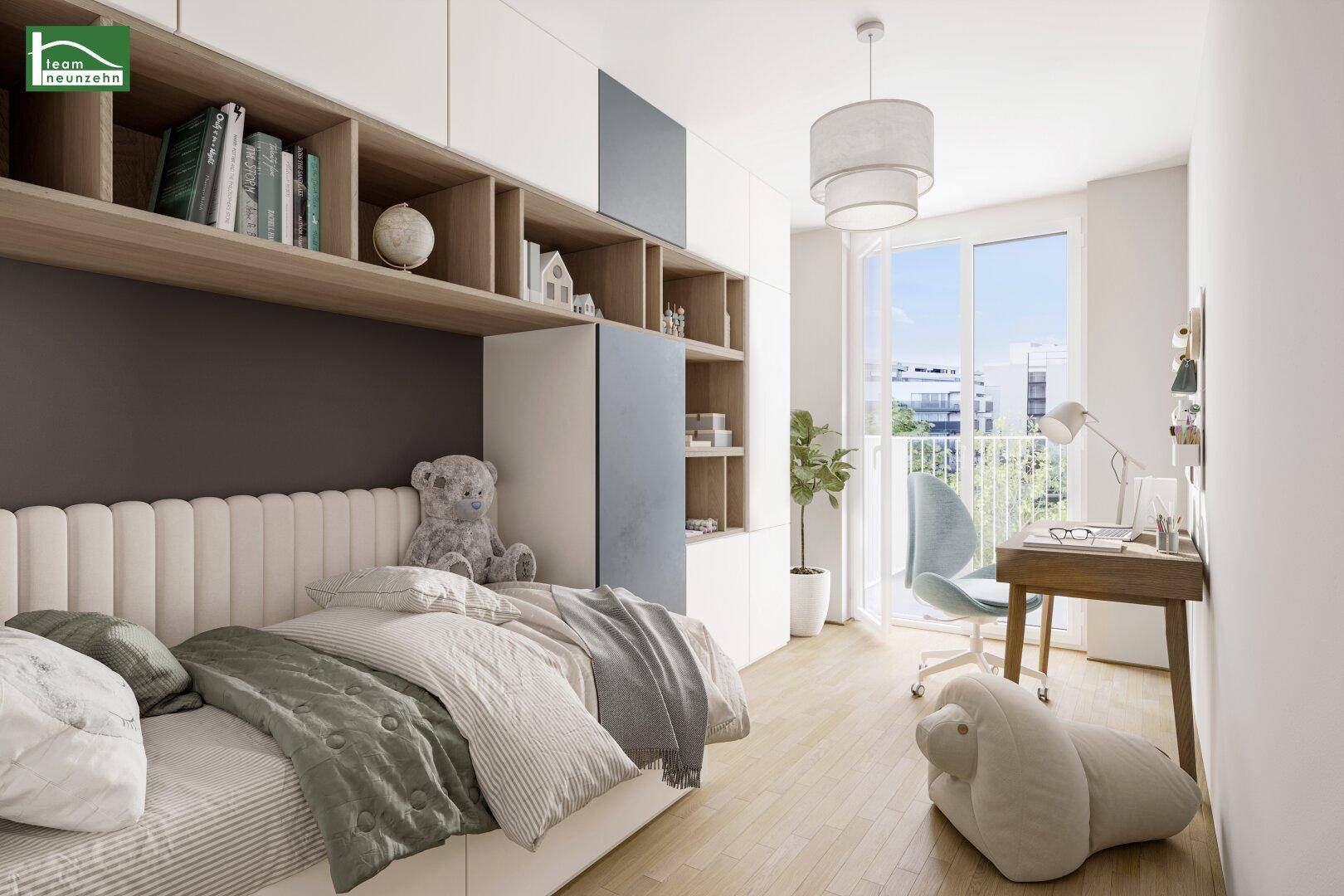 Helles Kinderzimmer mit integriertem Schrank, Schreibtisch und Zugang zum Balkon.