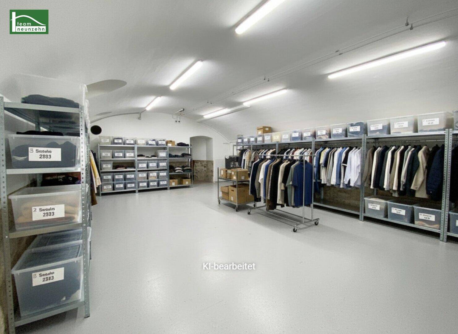 Großer Lagerraum im Keller mit Regalen, Kleiderständern und vielen Aufbewahrungsboxen, ideal für Waren.