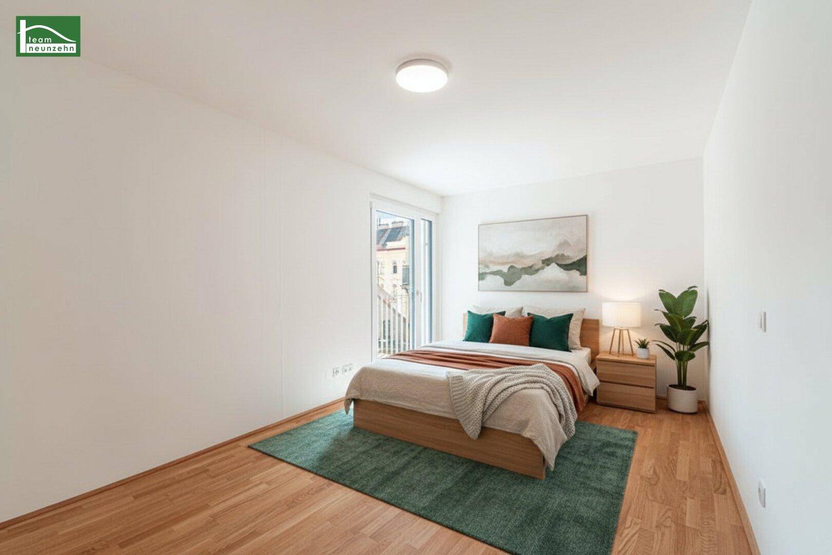 Gemütlich eingerichtetes Schlafzimmer mit Parkettboden, Balkonzugang und moderner Dekoration.