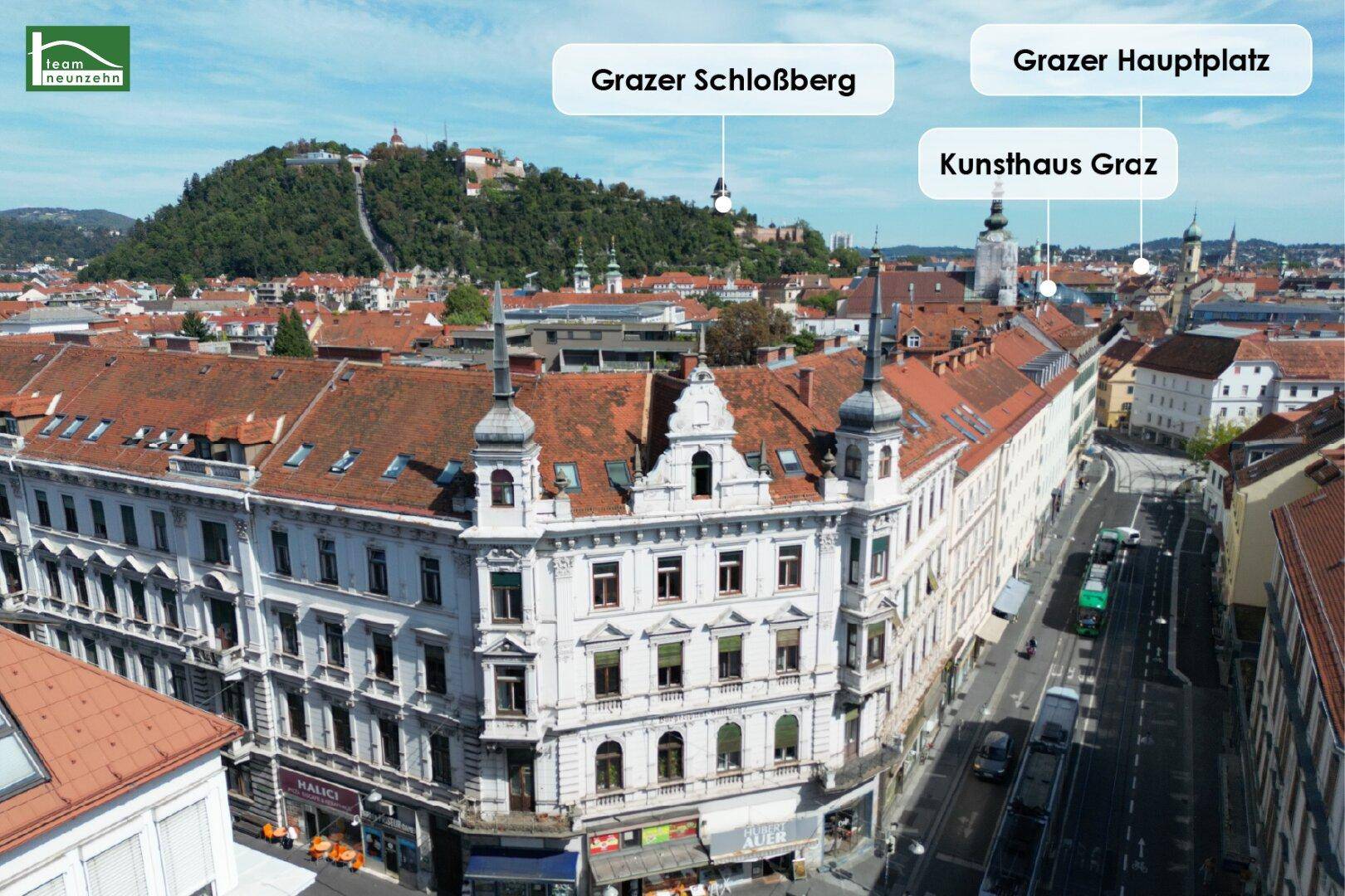 Luftaufnahme der Stadt mit historischen Gebäuden und markanten Sehenswürdigkeiten wie dem Schlossberg.