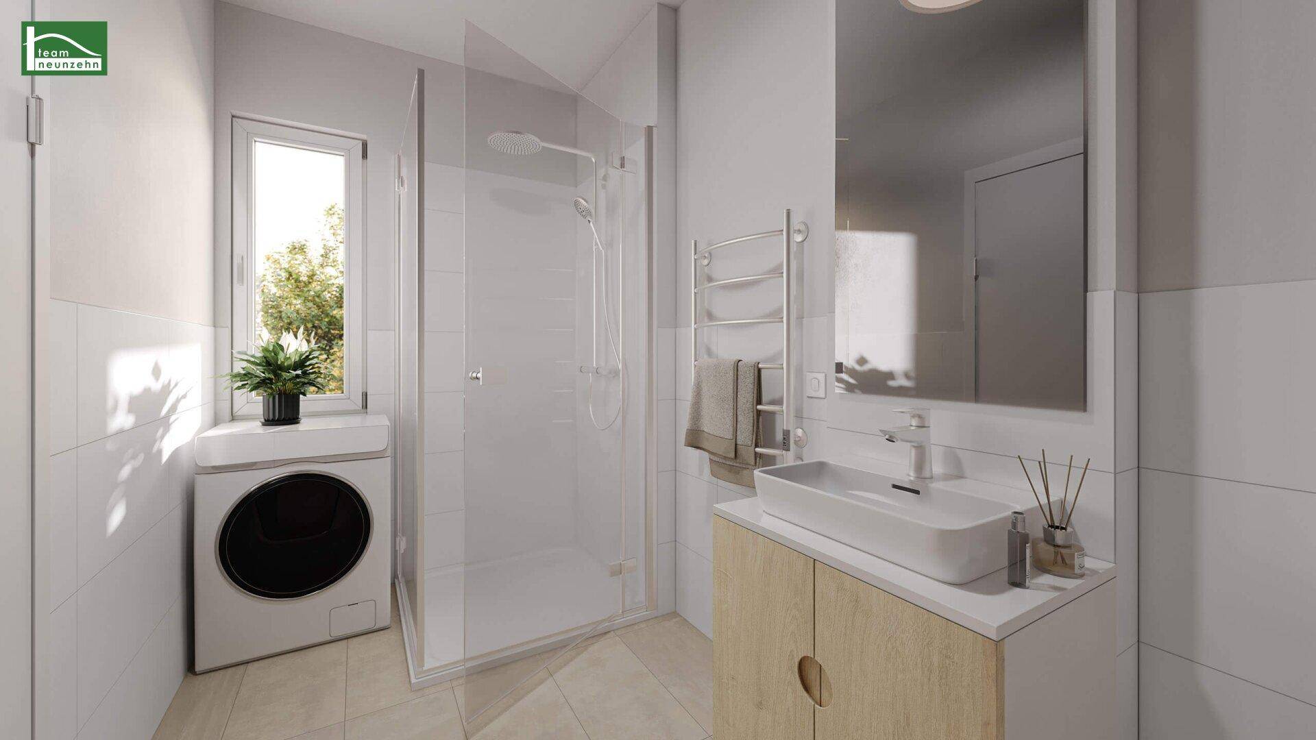 Modernes Badezimmer mit ebenerdiger Dusche, Waschmaschine und Fenster.