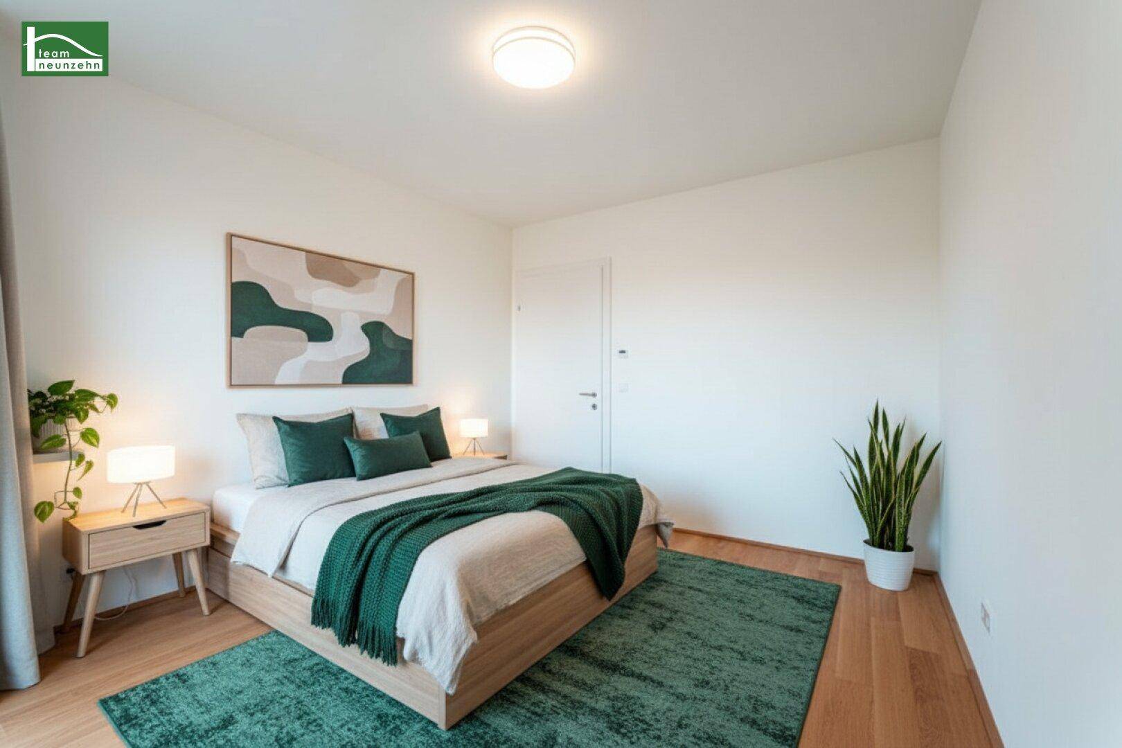 Modern eingerichtetes Schlafzimmer mit Holzbett, grünem Teppich und Parkettboden.
