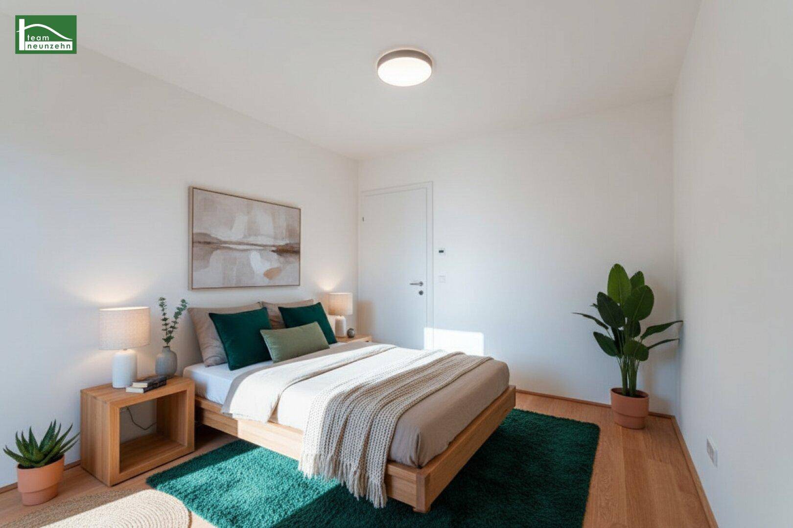 Gemütliches Schlafzimmer mit Holzbett, grünem Teppich und minimalistischer Dekoration.