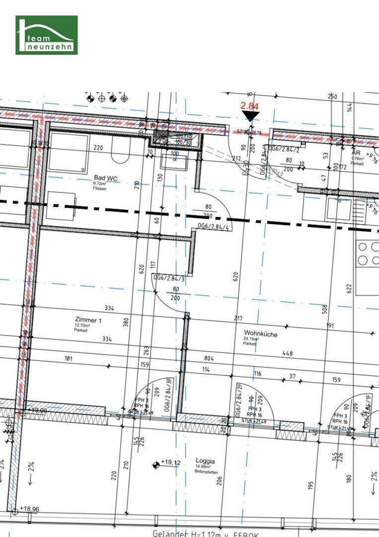 Grundrissplan einer Wohnung mit Wohnküche, Zimmern, Bad und Loggia.