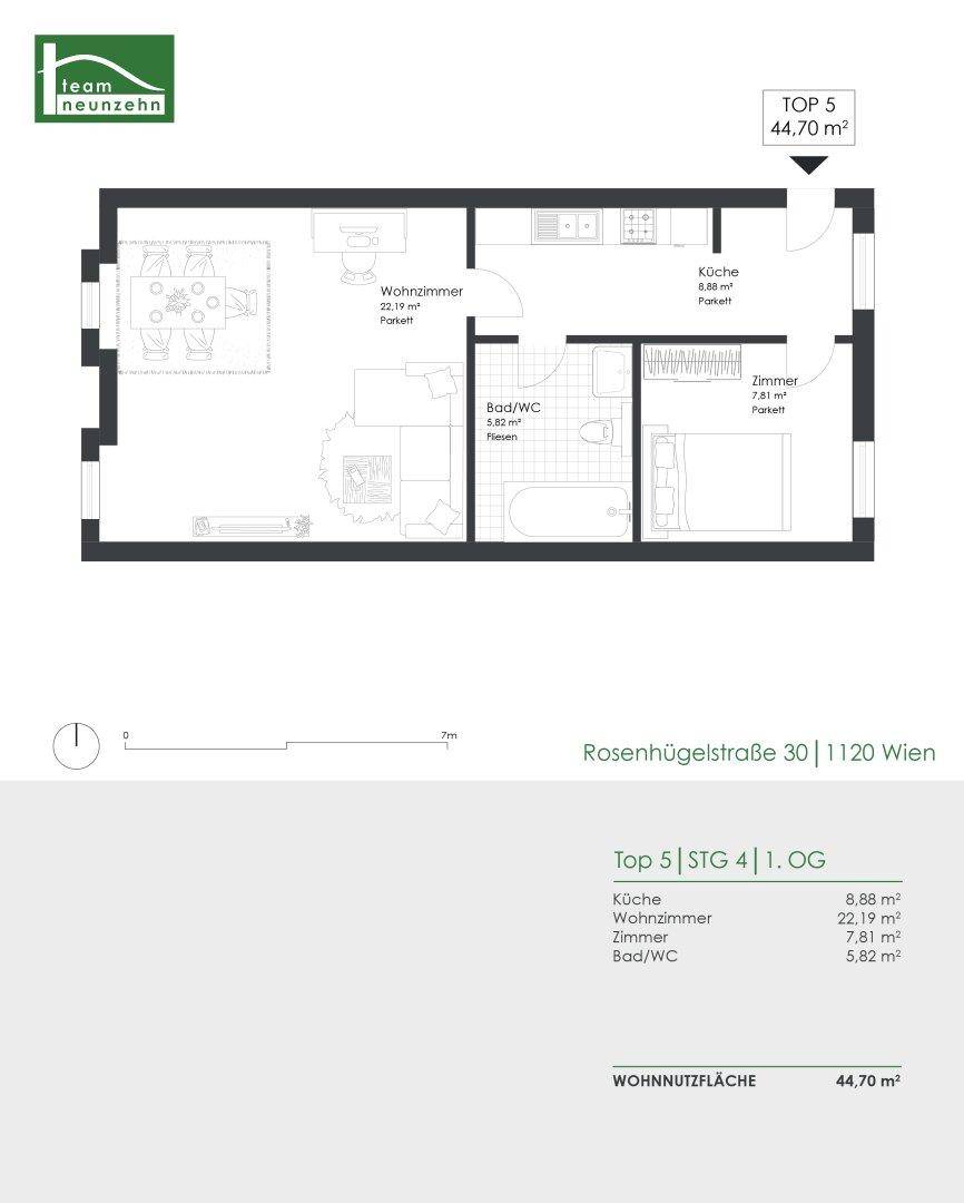 Grundriss der Wohnung TOP 5 mit 44,70 m² Wohnfläche, inklusive Küche, Wohnzimmer und Bad/WC.