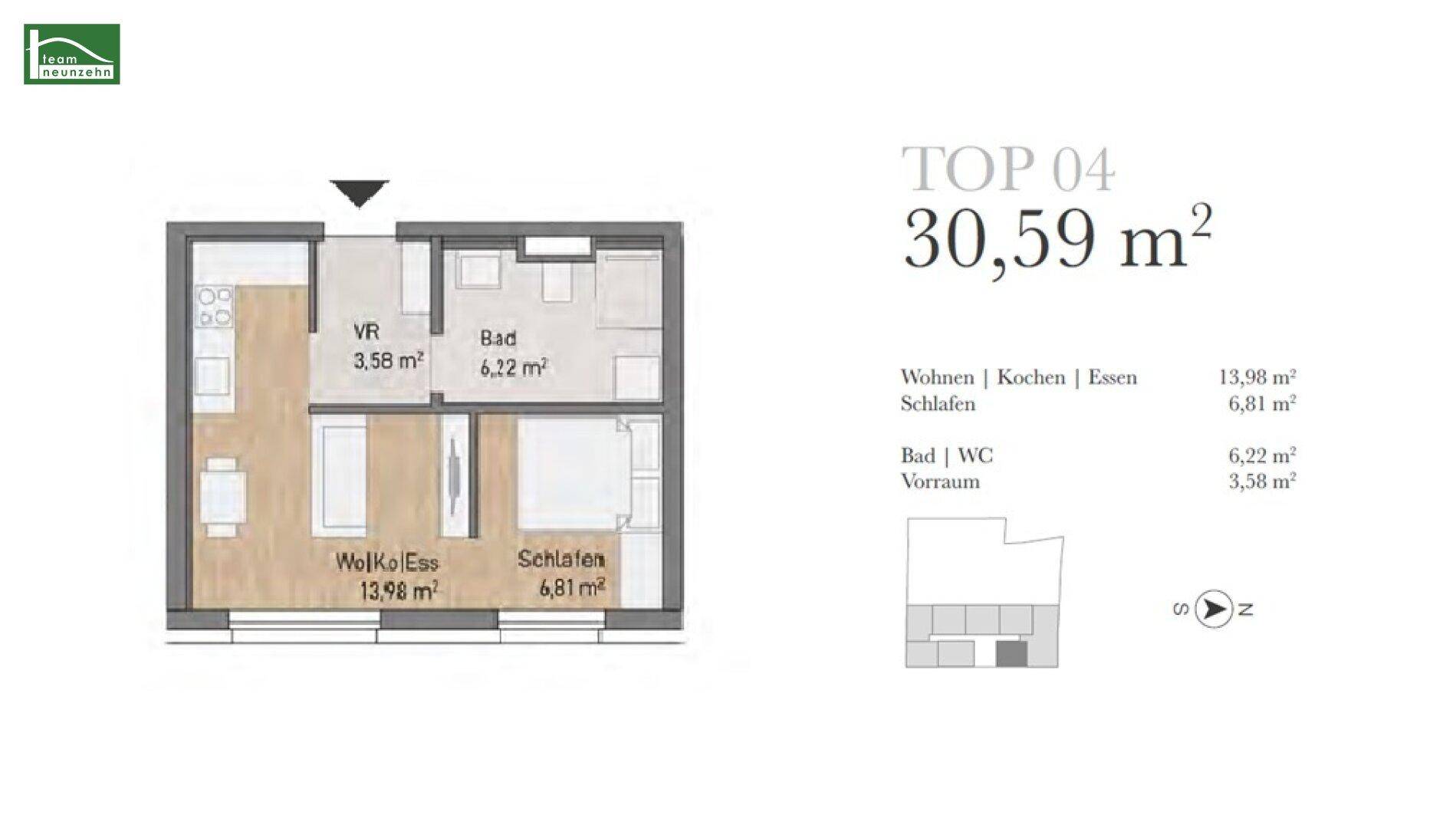 Grundriss der Einheit TOP 04 mit 30,59 m² Wohnfläche und separatem Schlafzimmer.