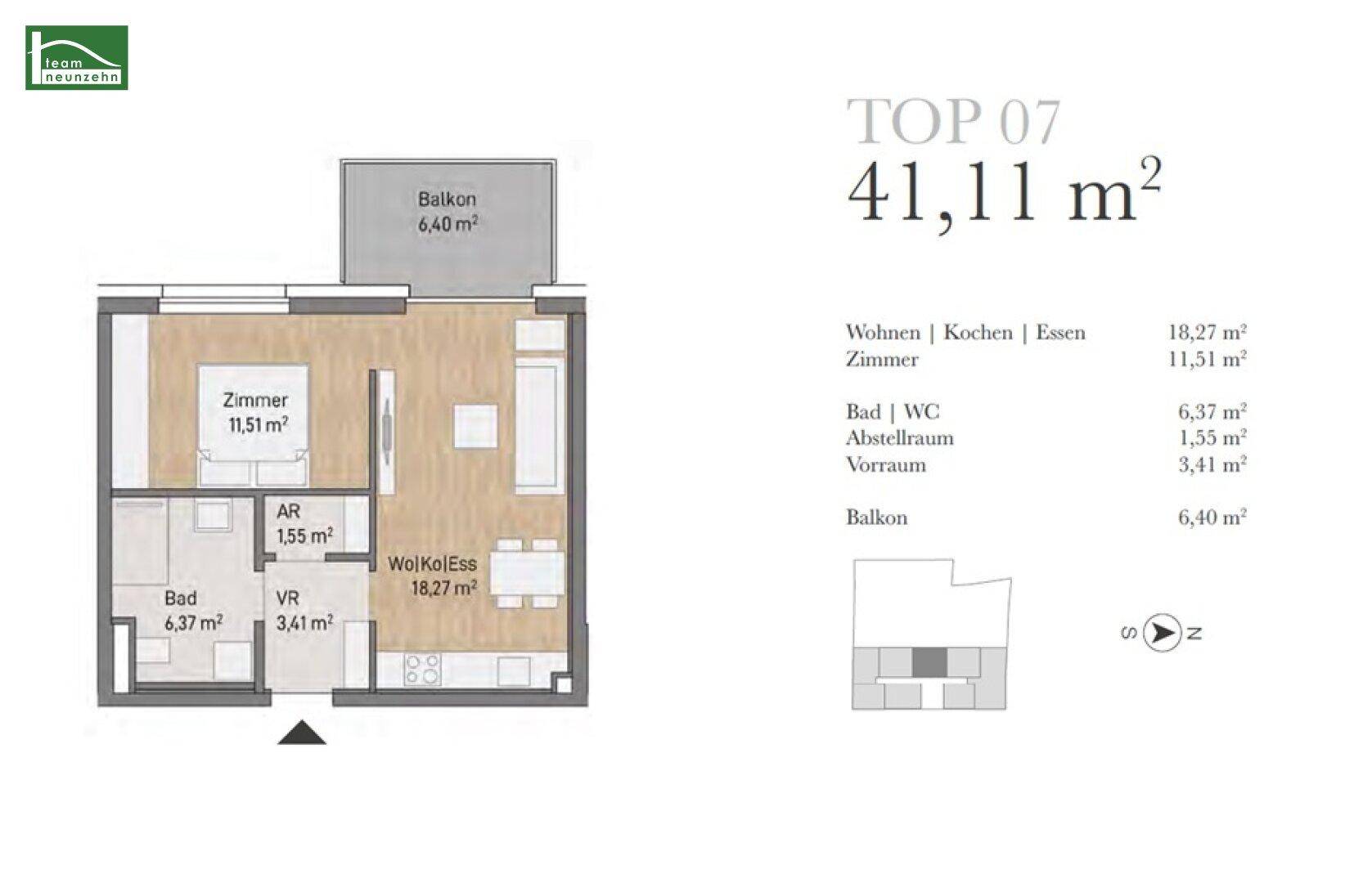 Grundriss der Wohnung TOP 07 mit 41,11 m² Wohnfläche, einem Balkon und offener Wohnküche.
