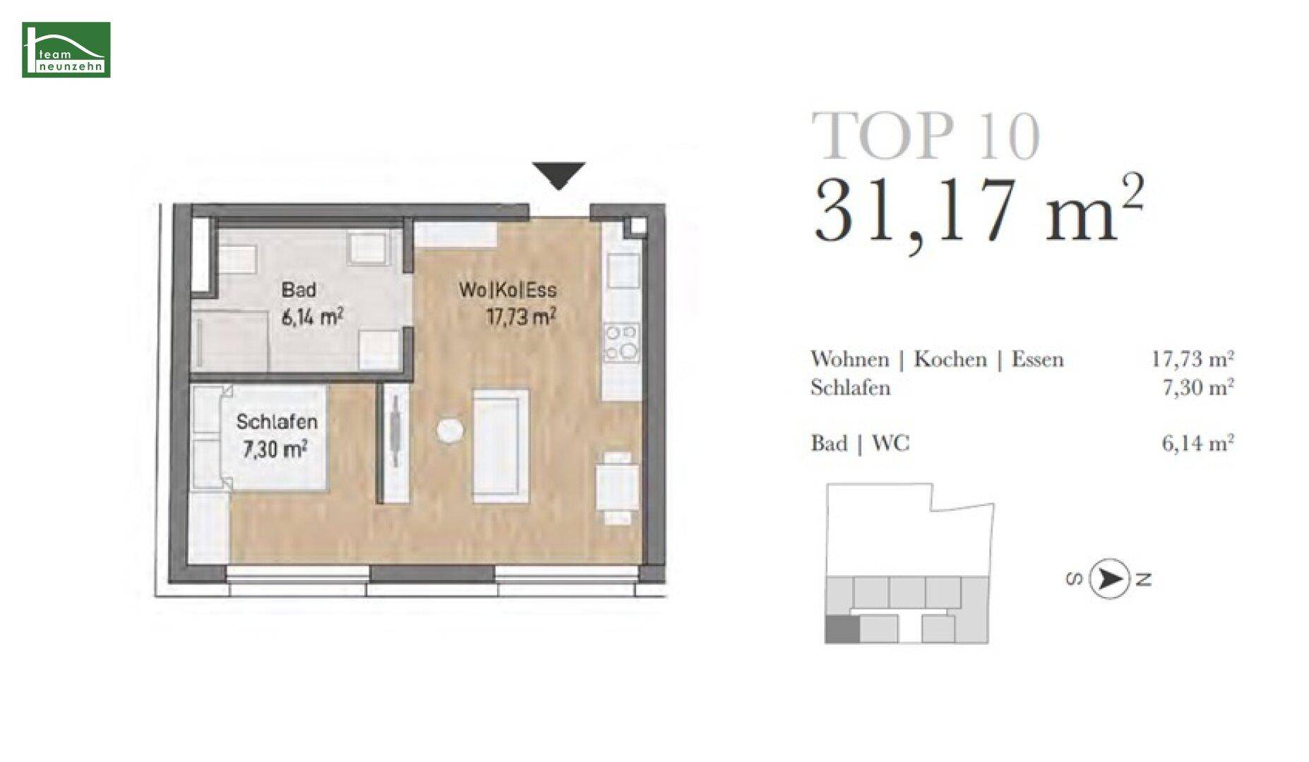 Grundriss einer kleinen Wohnung mit einem Schlafzimmer, Bad und offenem Wohn-Koch-Essbereich.