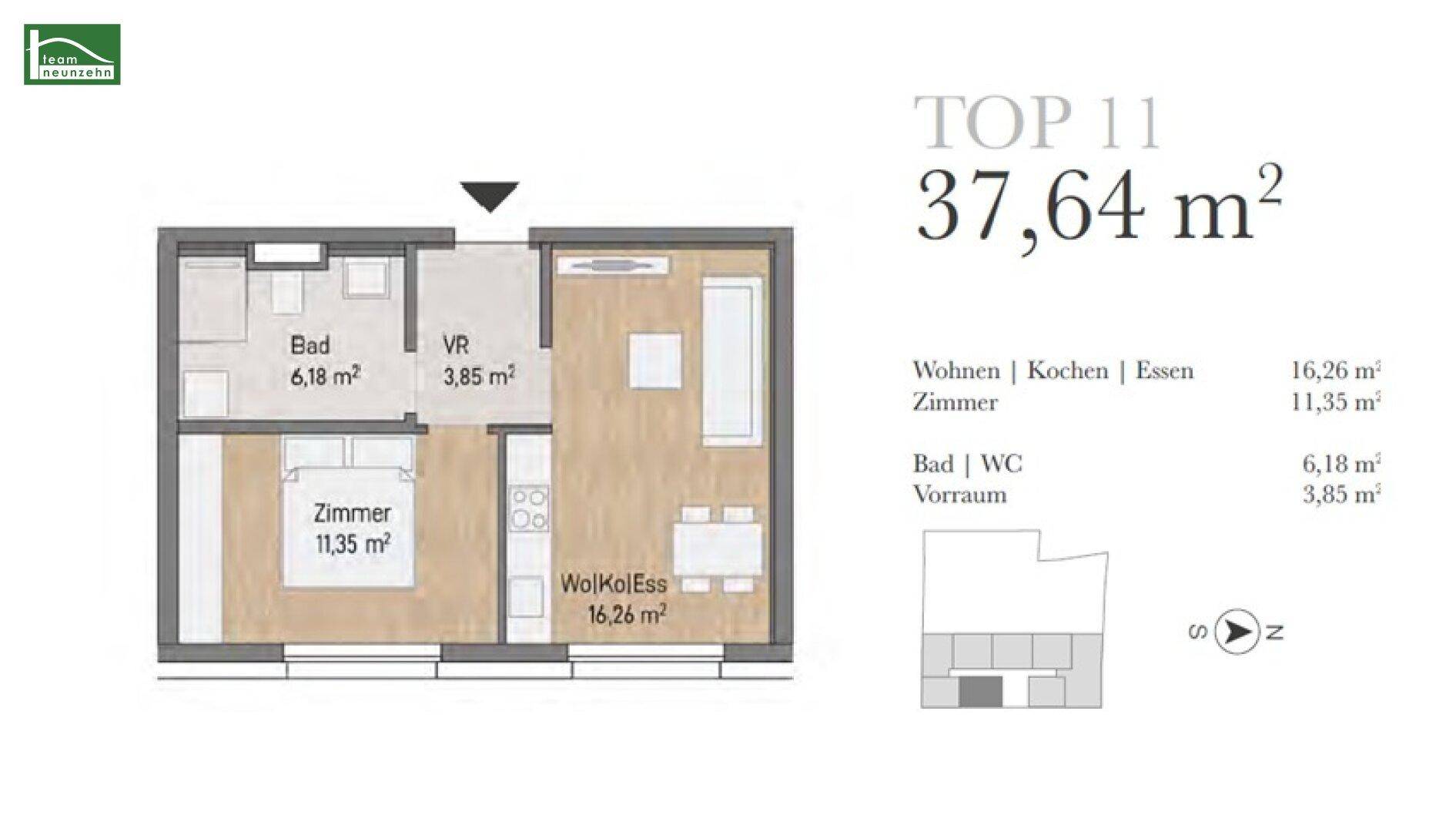 Grundriss einer kleinen Wohnung mit einem Schlafzimmer, Bad und offenem Wohnbereich.