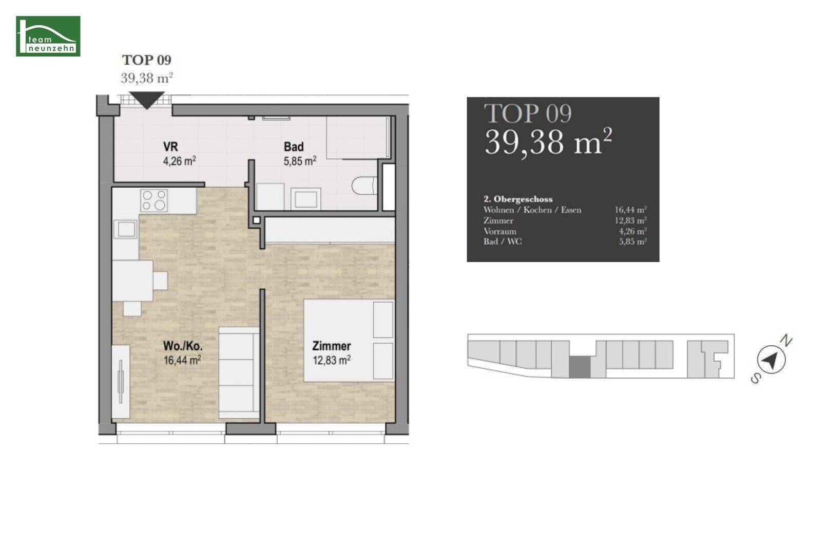 Grundriss der Wohnung TOP 09 mit 39,38 m² und offener Wohnküche.