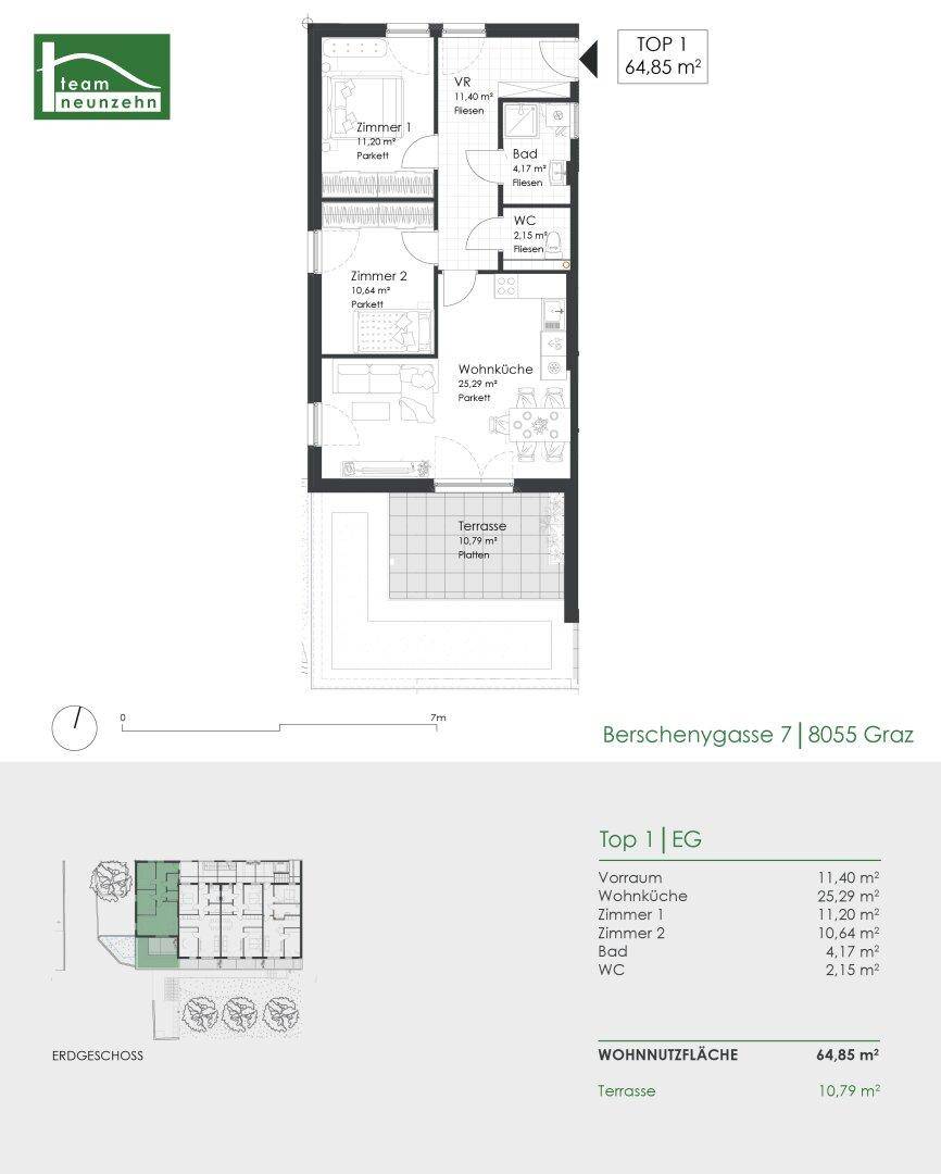 Grundriss der Wohnung Top 1 mit Wohnküche, zwei Zimmern und Terrasse.