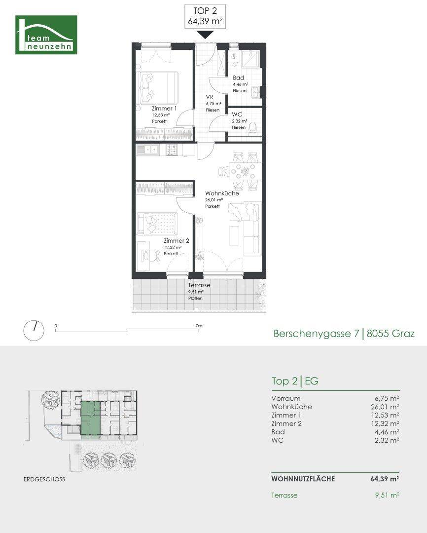 Grundriss der Wohnung Top 2 mit 64,39 m² Wohnnutzfläche und Terrasse.