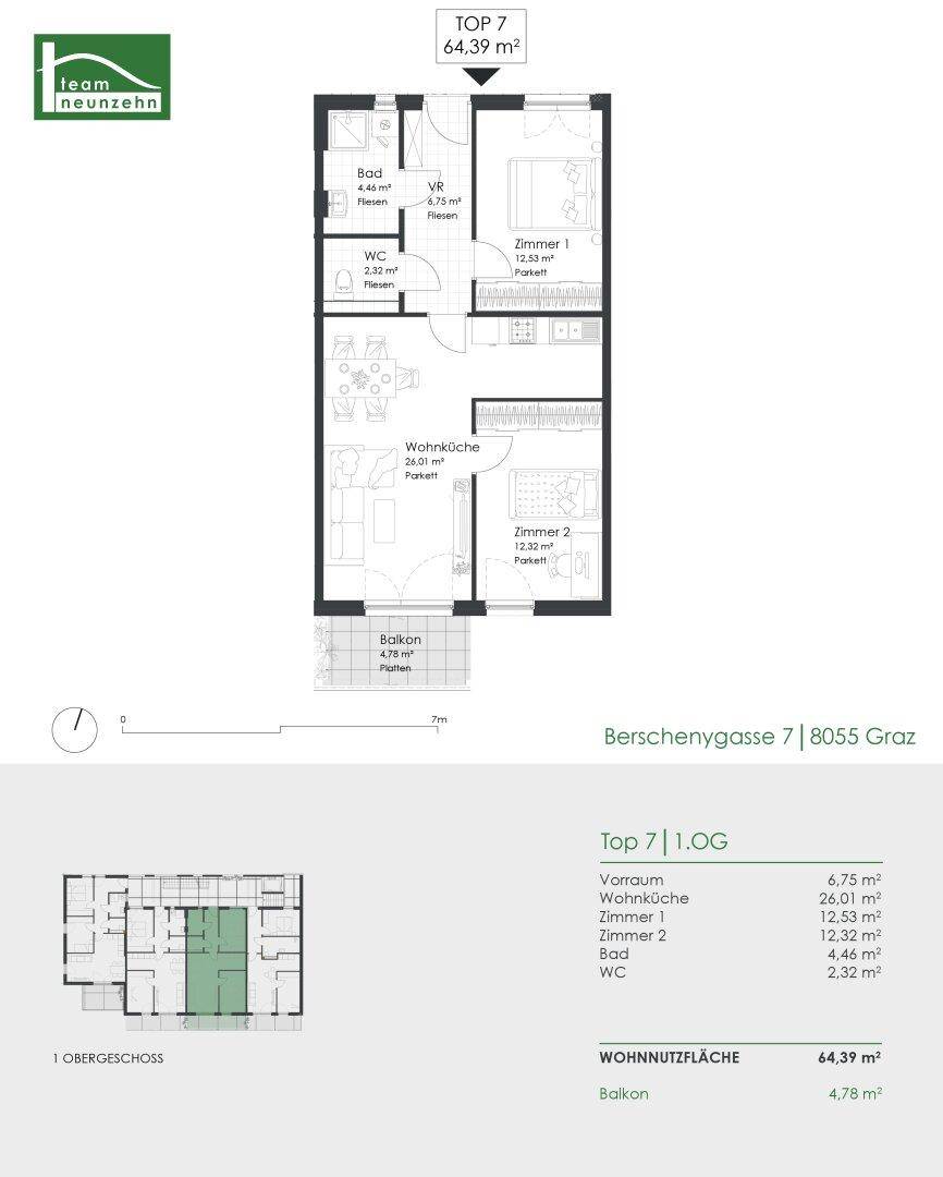 Detaillierter Grundriss von Top 7 mit Wohnküche, zwei Zimmern und Balkon.