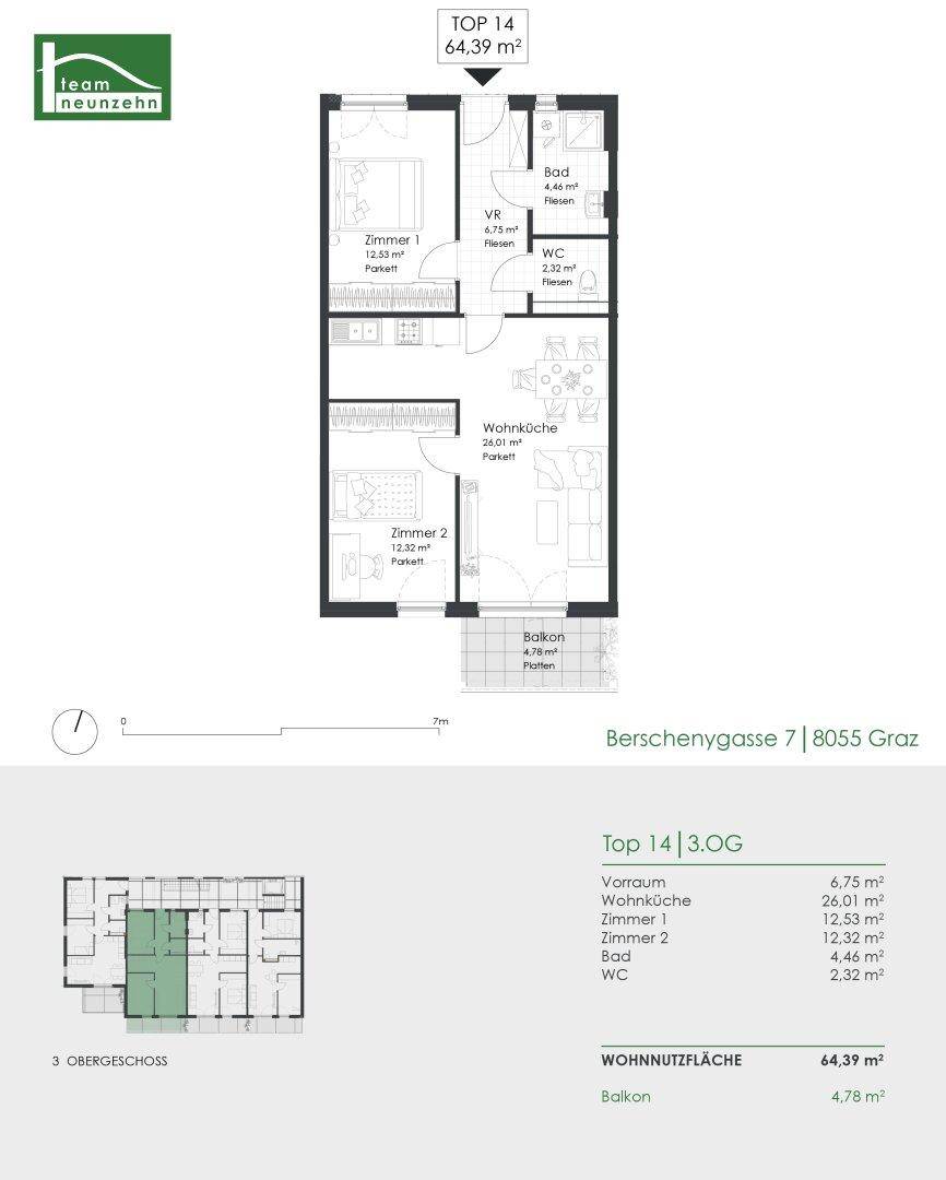 Detaillierter Grundriss der Wohnung TOP 14 mit zwei Zimmern, Wohnküche und Balkon auf 64,39 m².