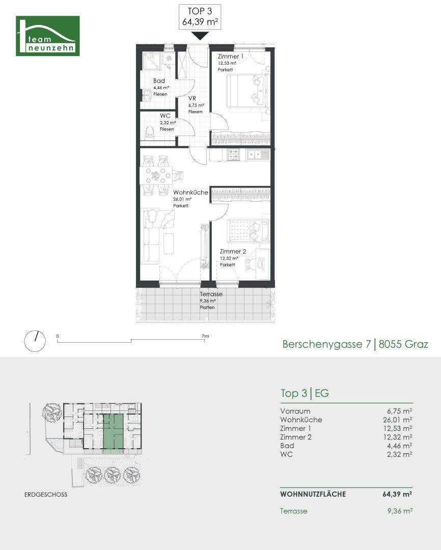 Grundriss der Wohnung Top 3 mit Wohnküche, zwei Zimmern und Terrasse.