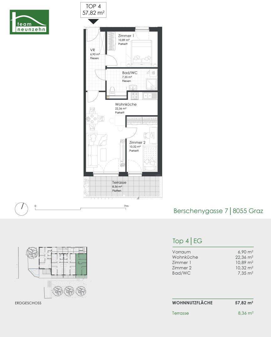 Grundriss der Wohnung Top 4 im Erdgeschoss mit Terrasse und offenem Wohnbereich.