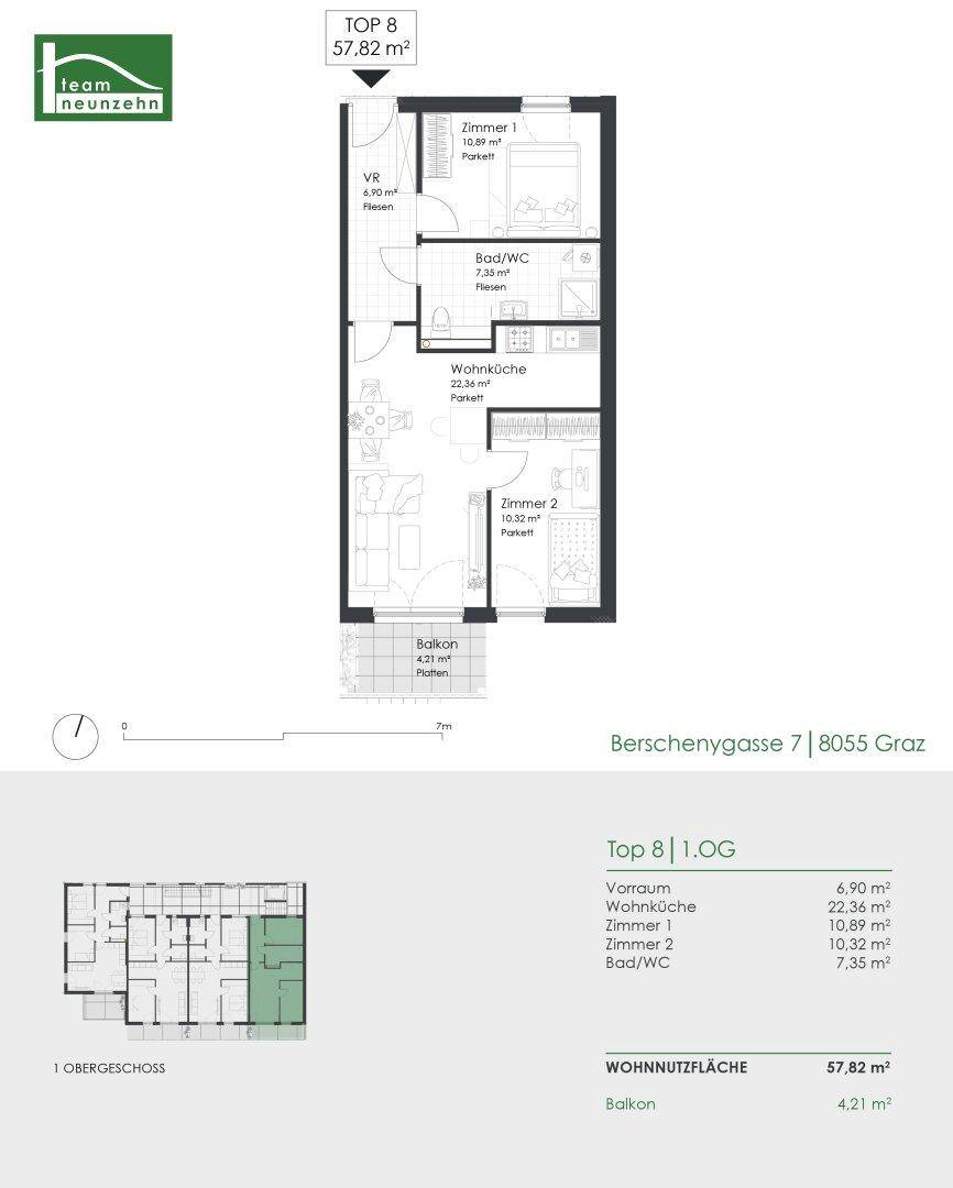Grundriss der Wohnung Top 8 im ersten Obergeschoss mit zwei Zimmern und Balkon.