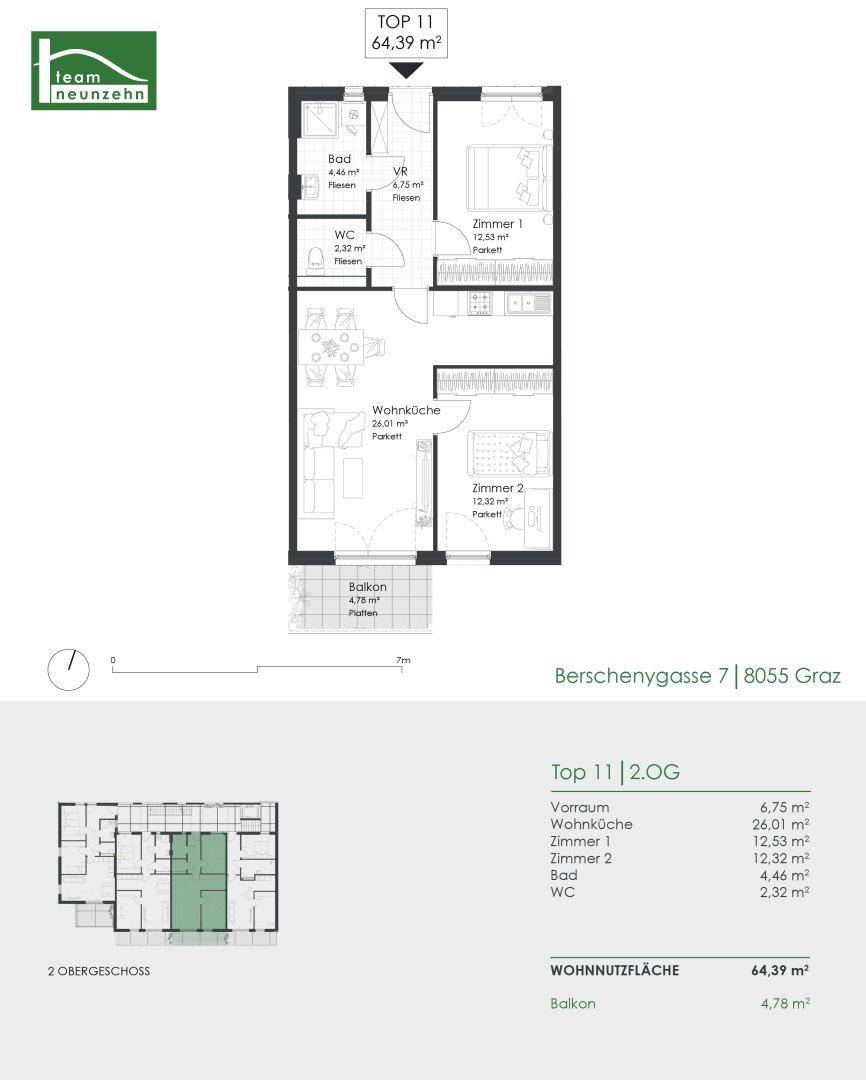 Grundriss der Wohnung TOP 11 im 2. Obergeschoss mit 64,39 m² Wohnnutzfläche und Balkon.