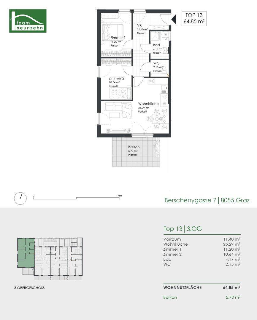 Grundriss der Wohnung TOP 13 mit 64,85 m² Wohnnutzfläche und Balkon.