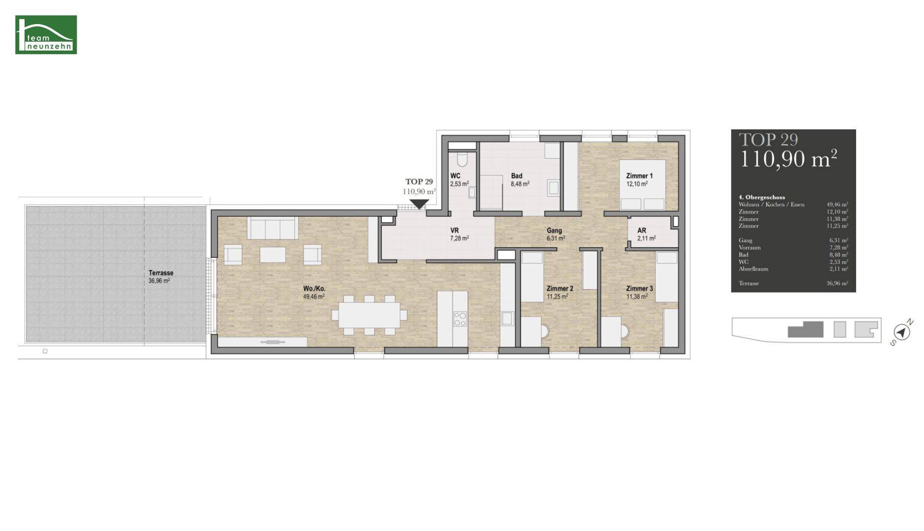 Übersichtlicher Grundriss mit drei Schlafzimmern, offenem Wohnbereich und großer Terrasse.
