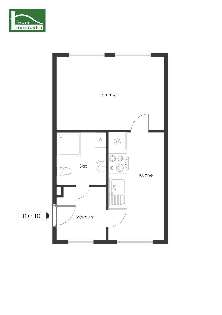 Grundriss der Wohnung "TOP 10" mit einem Zimmer, Bad, Vorraum und Küche.