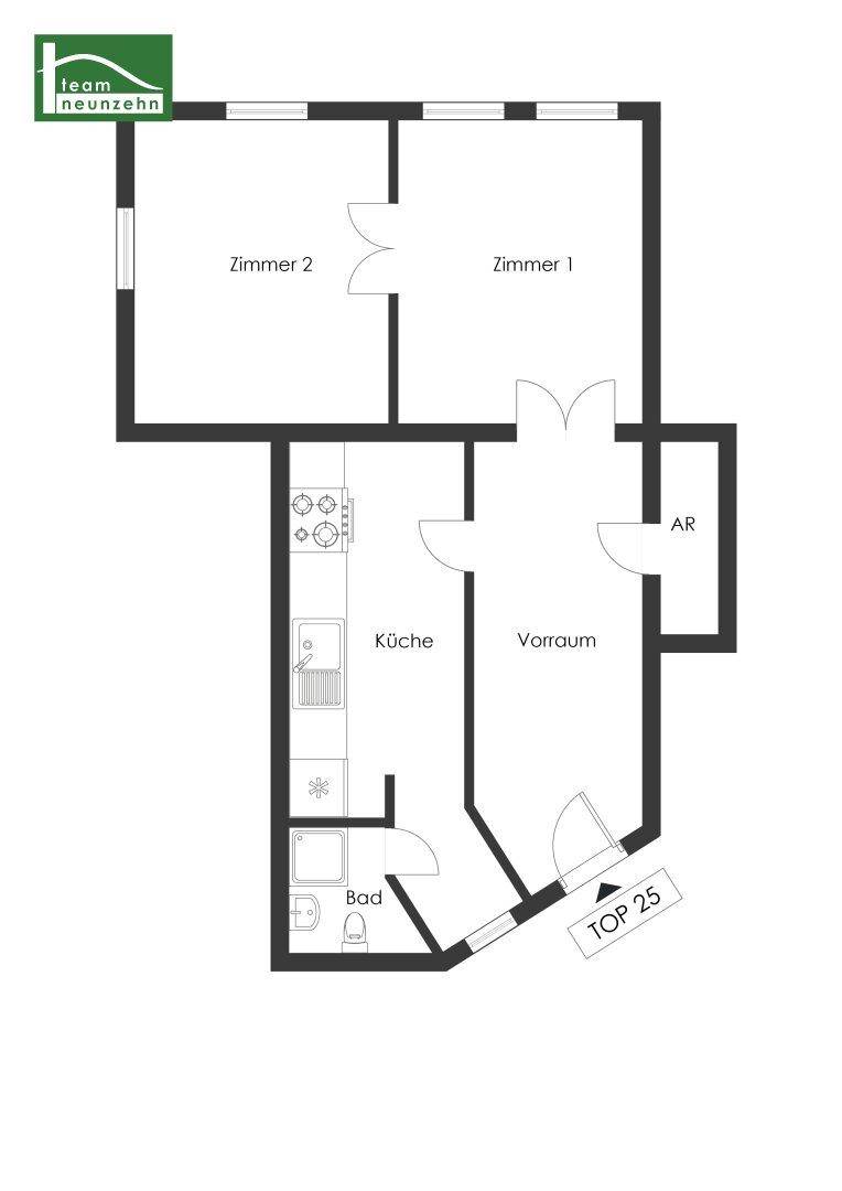 Grundriss der Wohnung mit zwei Zimmern, Küche, Vorraum und Bad.
