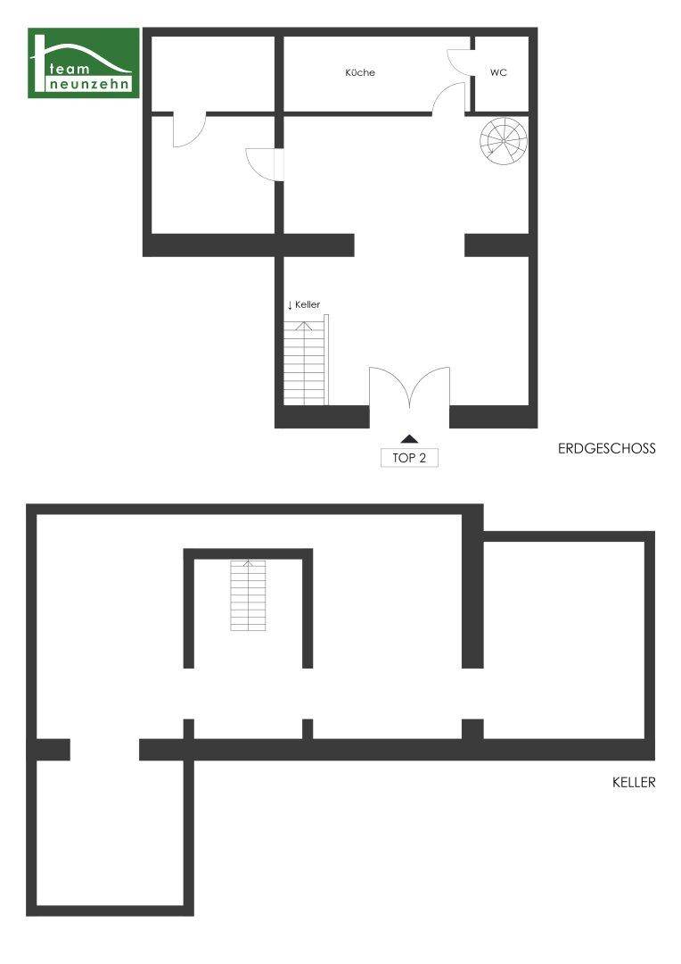 Grundriss des Erdgeschosses und Kellers mit Aufteilung der Räume und Treppen.