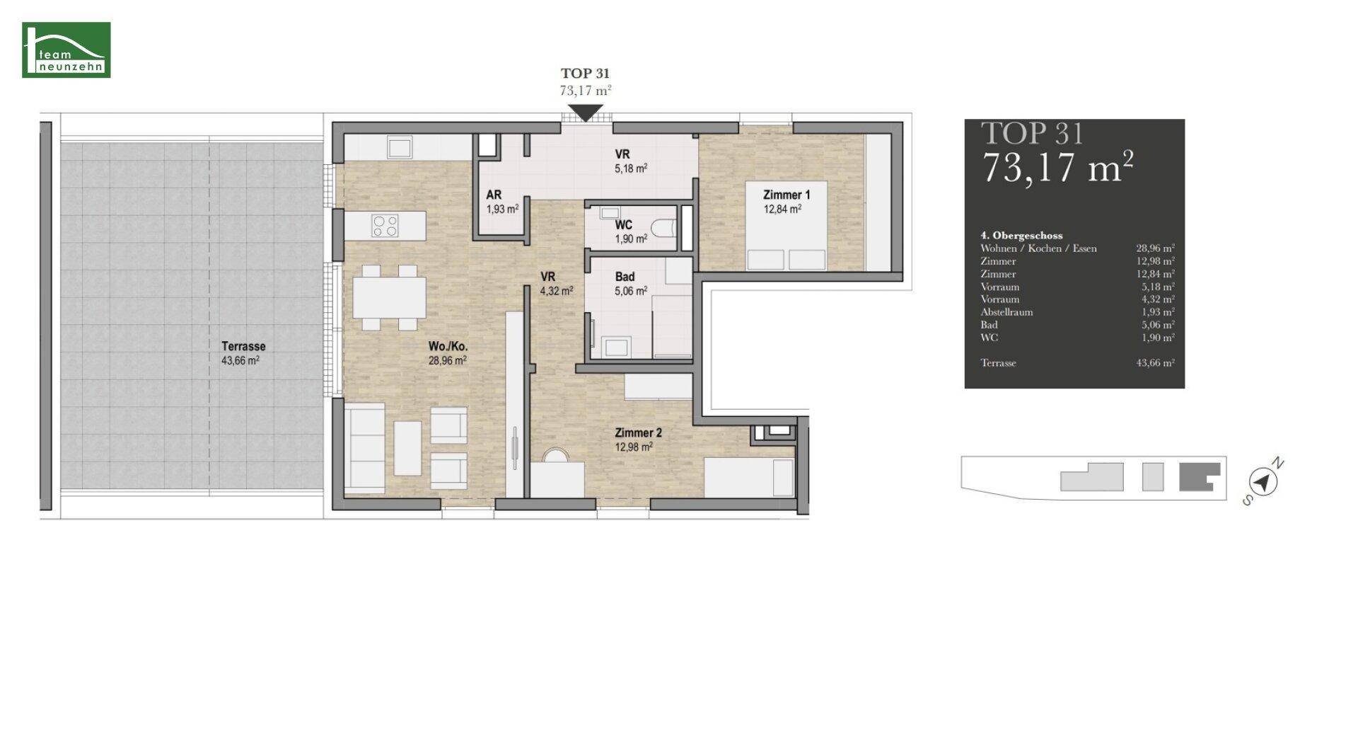Grundriss der Wohnung TOP 31 mit 73,17 m² und großer Terrasse.