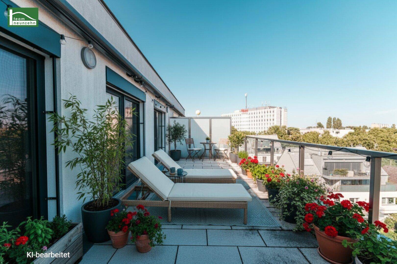 Attraktive Dachterrasse mit bequemen Liegen, Pflanzen und weitem Stadtblick.