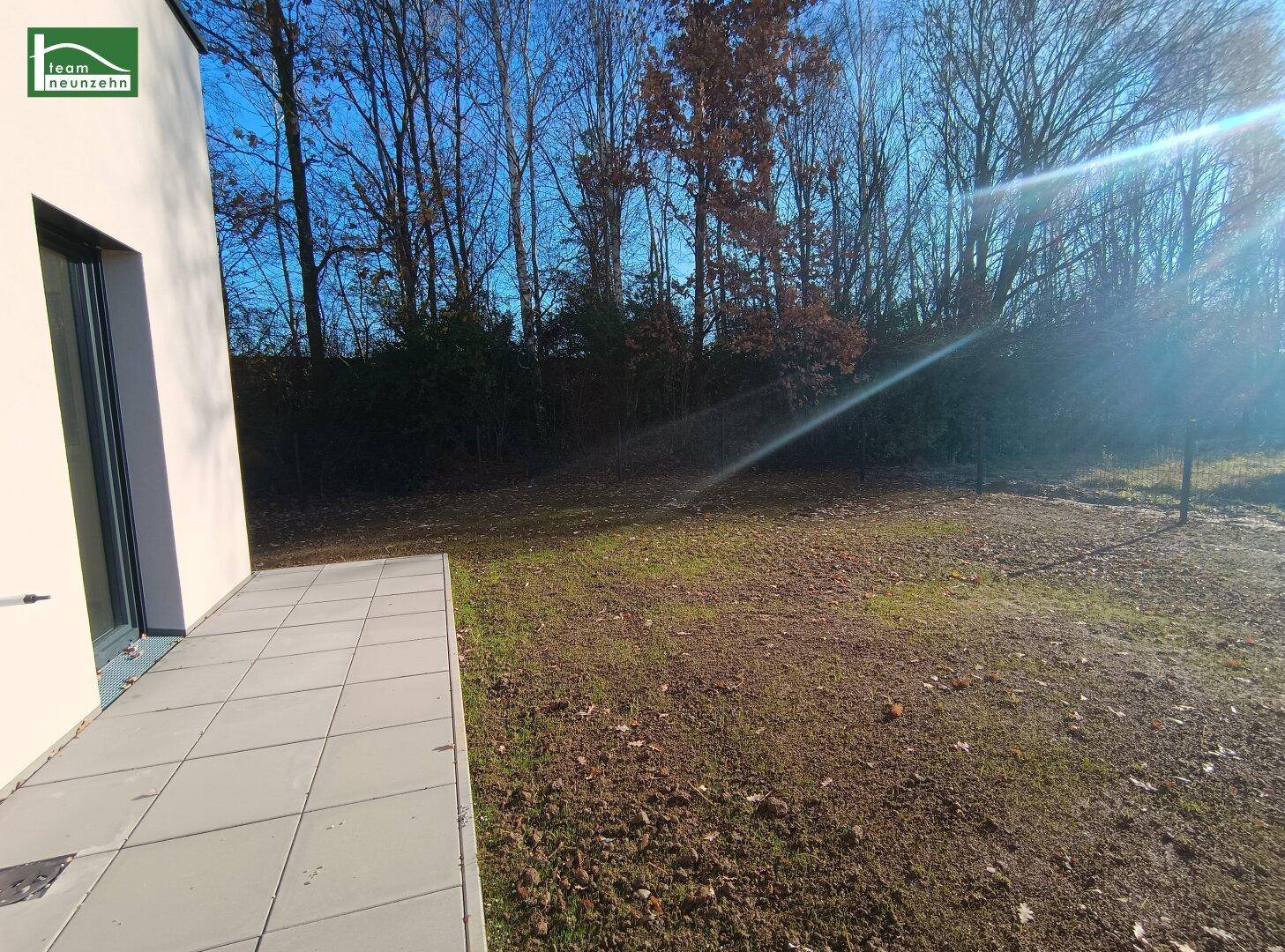 Gartenbereich mit Rasenfläche und angrenzender Terrasse, umgeben von Bäumen.