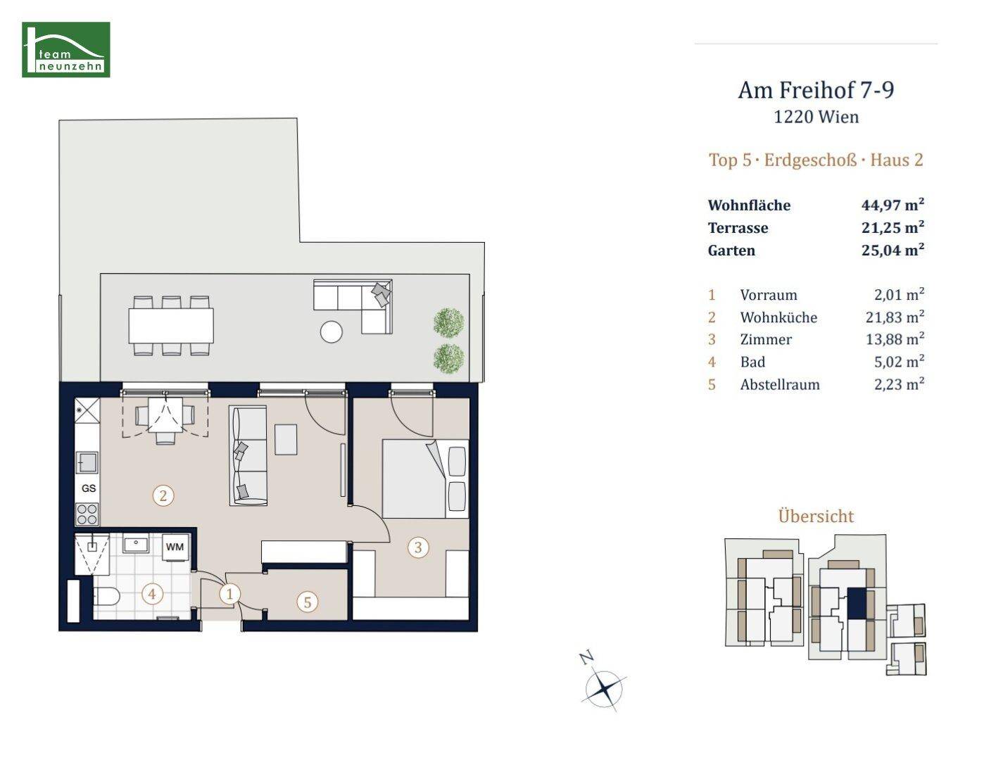 Grundriss der Erdgeschosswohnung mit offener Wohnküche, Schlafzimmer, Bad, Abstellraum und Terrasse mit Garten.