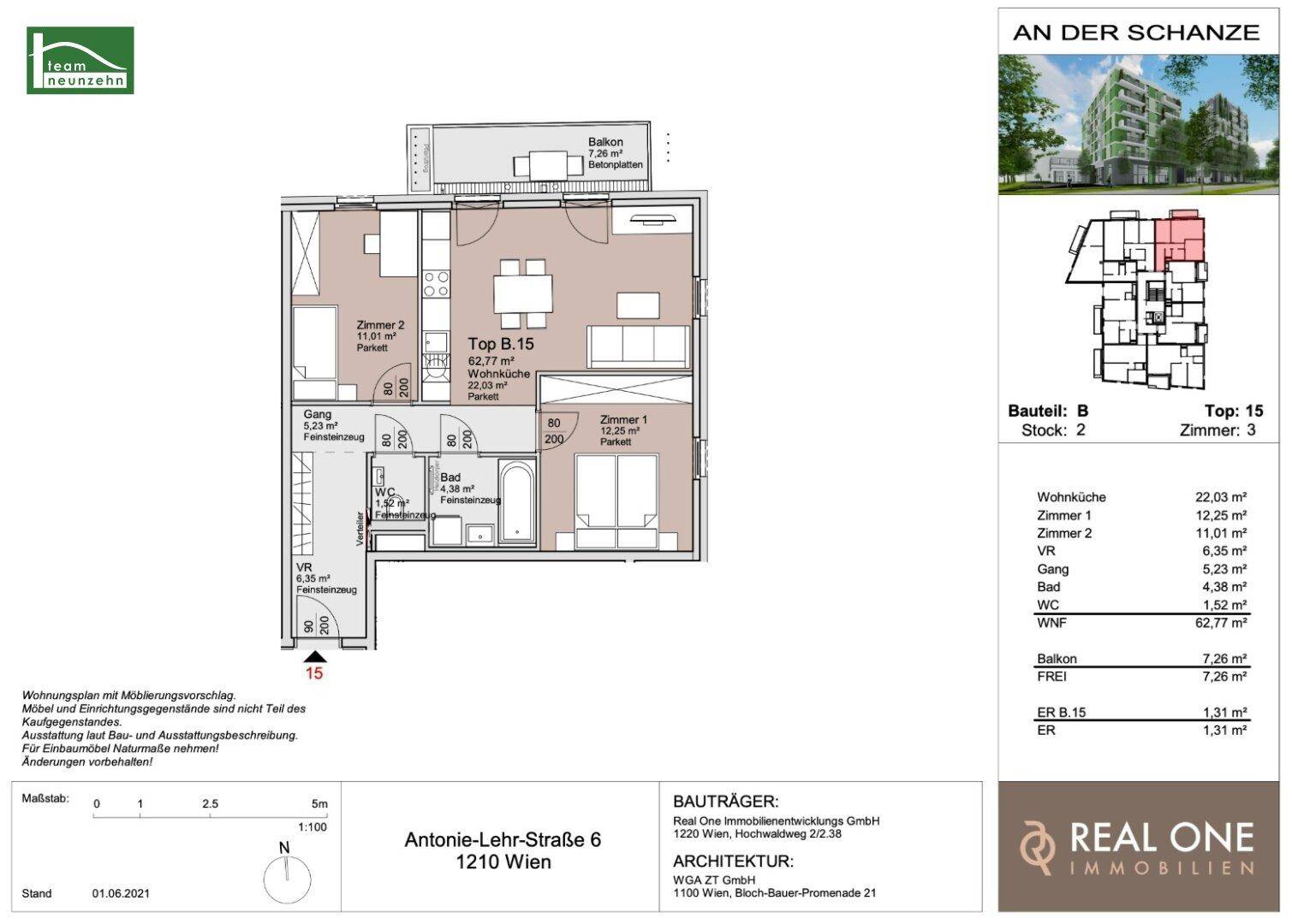 Grundriss einer modernen Wohnung mit offener Wohnküche, zwei Schlafzimmern und einem Balkon.