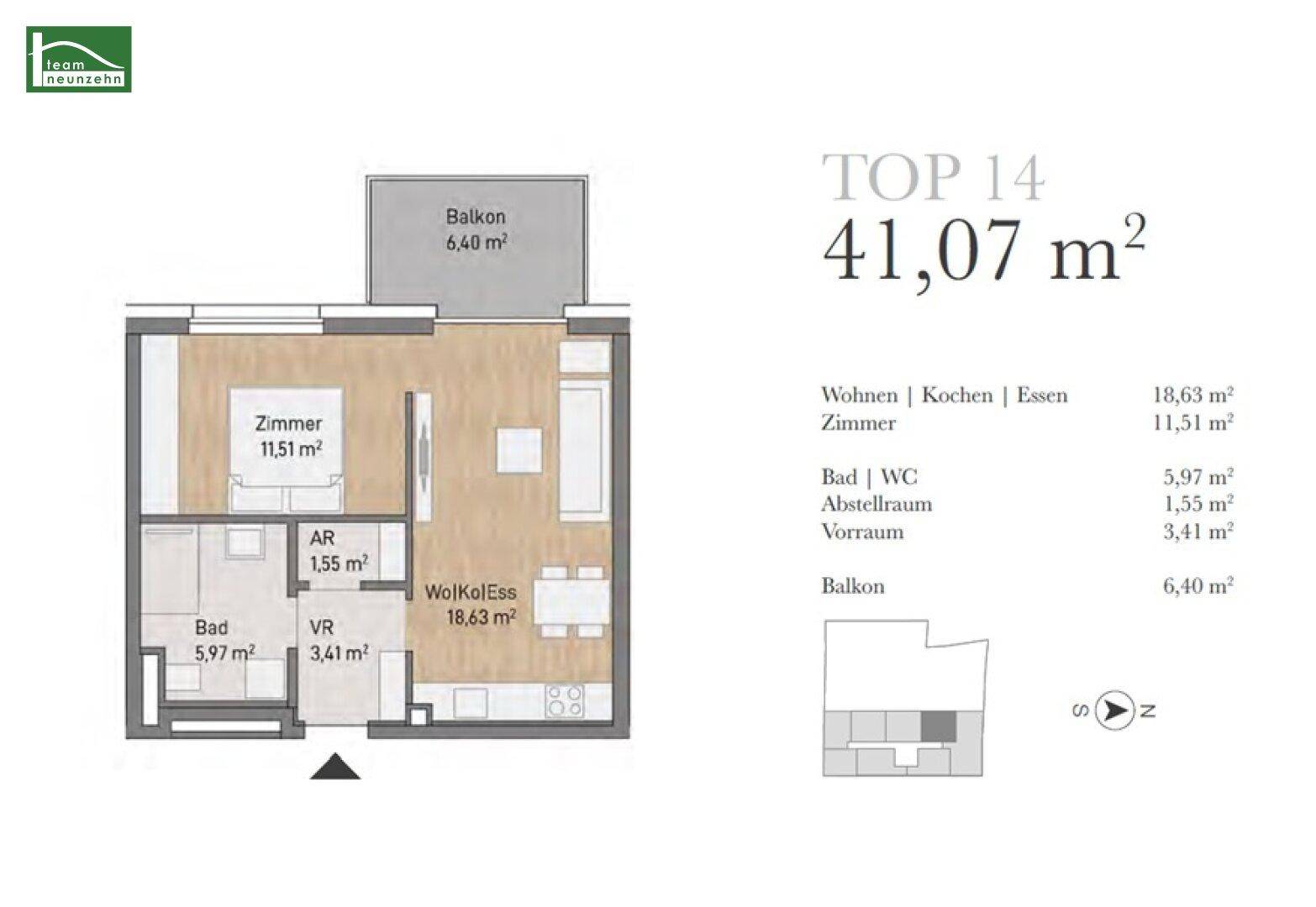 Grundriss einer Wohnung mit einem Zimmer, Bad, Abstellraum und Balkon.