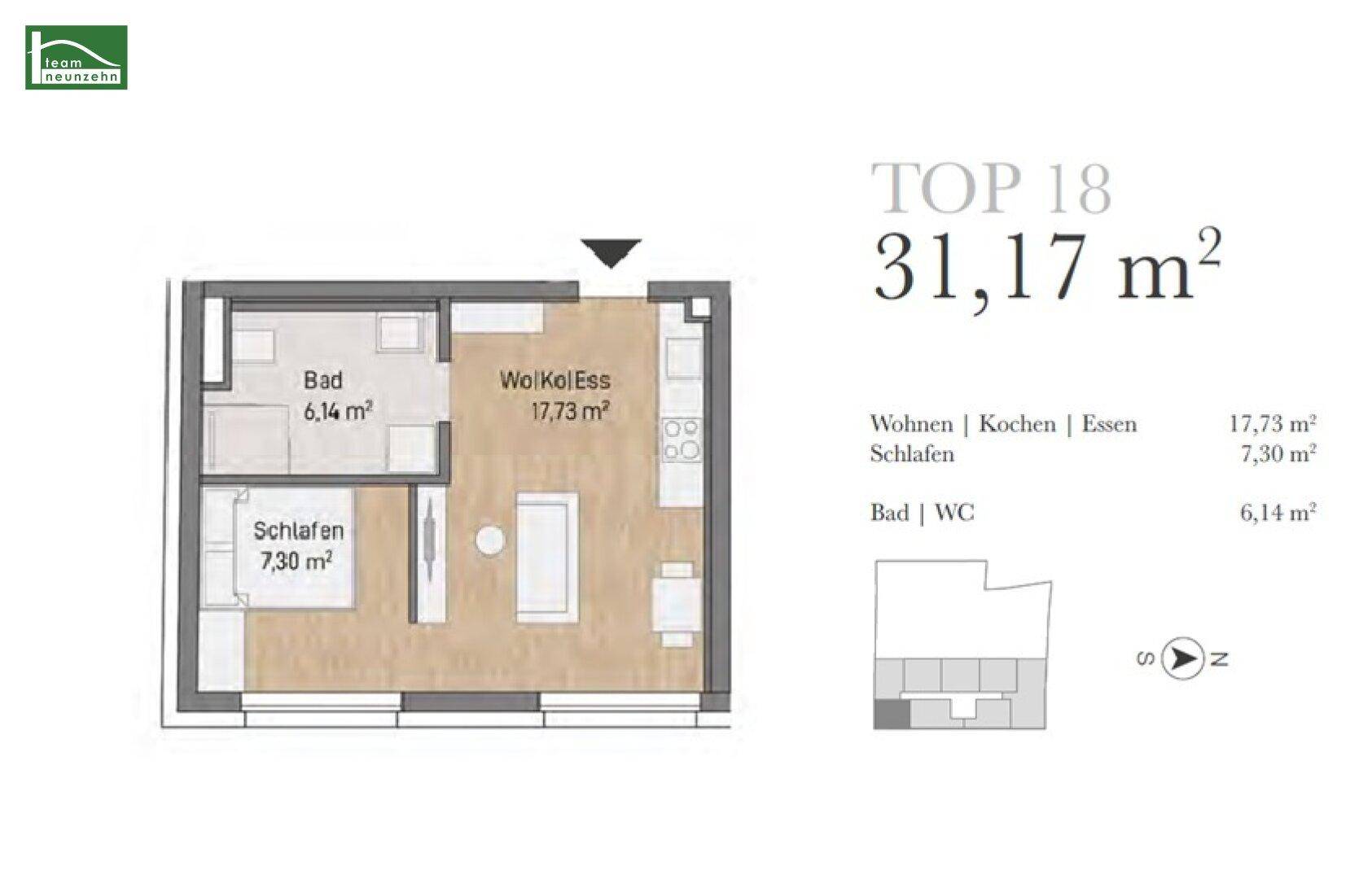 Grundriss der Wohnung TOP 18 mit offenem Wohnbereich, Schlafzimmer und Badezimmer.