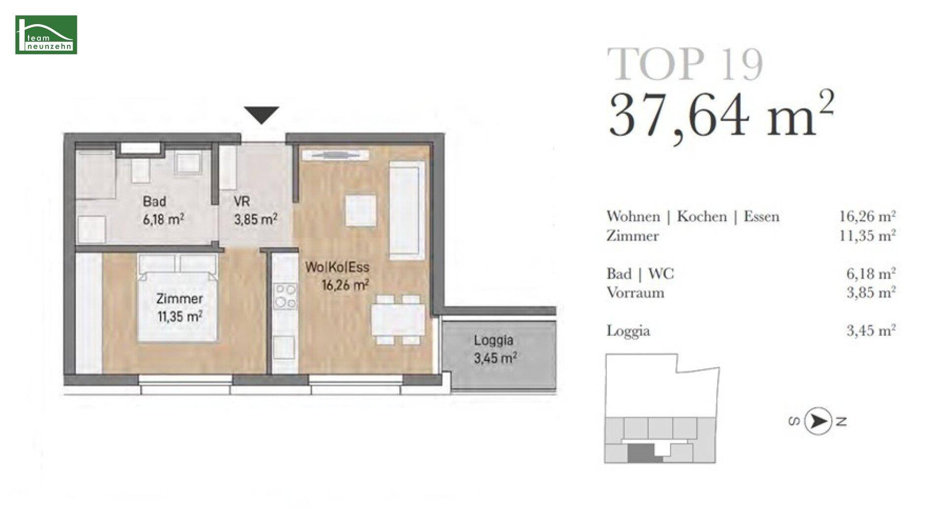 Grundriss einer Wohnung mit Wohn-Koch-Essbereich, Schlafzimmer, Bad und Loggia.